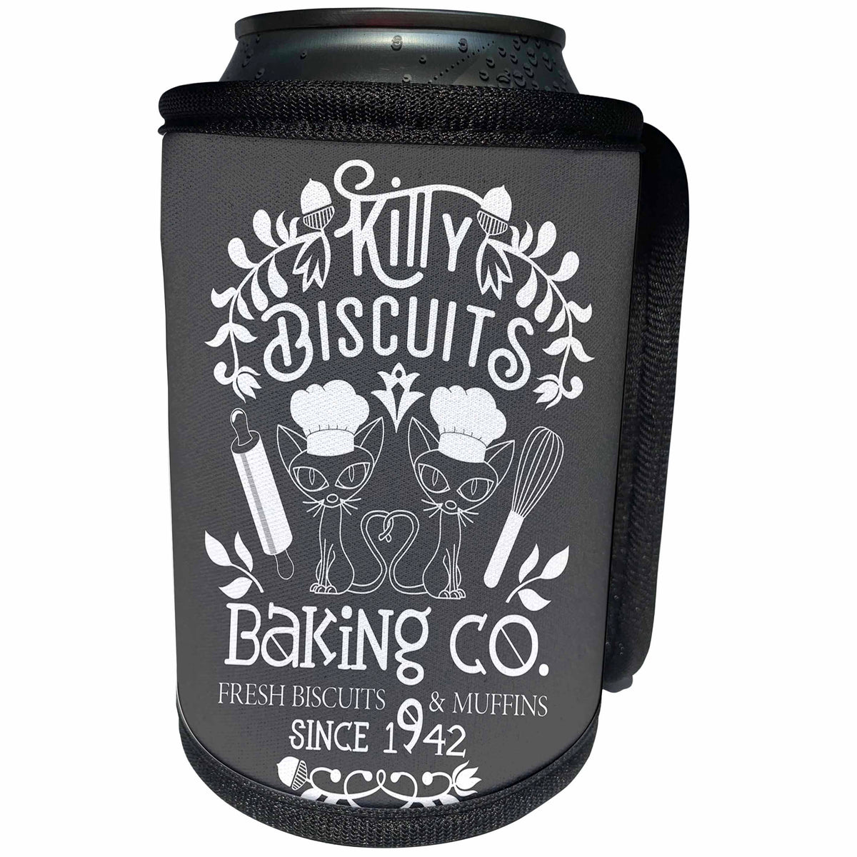 3dRose Janna Salak Designs Text Art - Kitty Biscuits Baking Co. Funny Cat - Can Cooler Bottle Wrap (cc_283581)