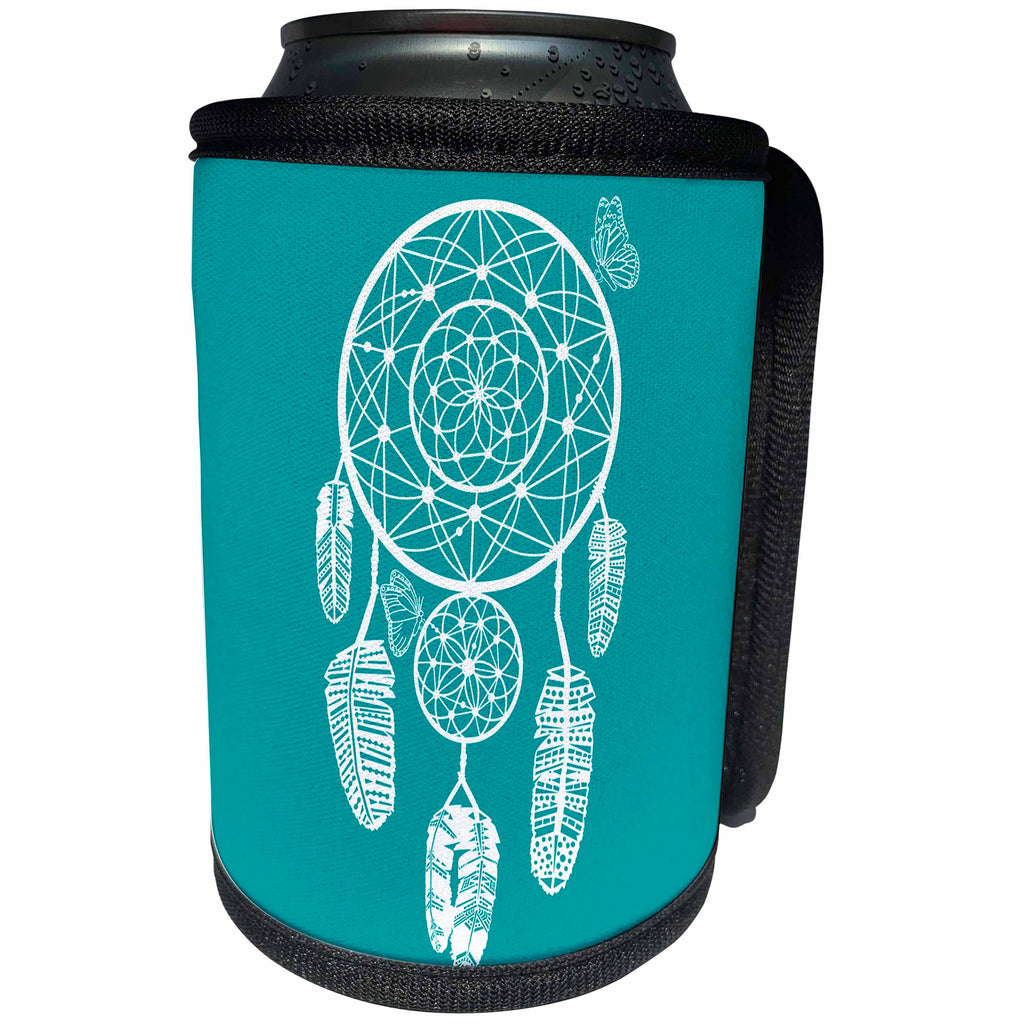 3dRose Janna Salak Designs Boho - Dream-catcher and Butterflies Elegant Turquoise - Can Cooler Bottle Wrap (cc_283602)