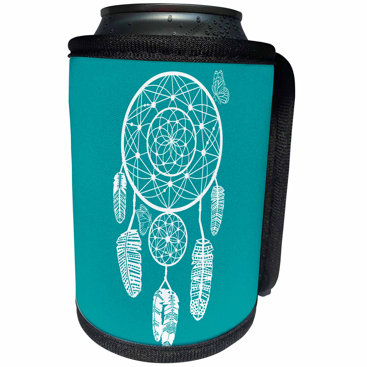 3dRose Janna Salak Designs Boho - Dream-catcher and Butterflies Elegant Turquoise - Can Cooler Bottle Wrap (cc_283602)