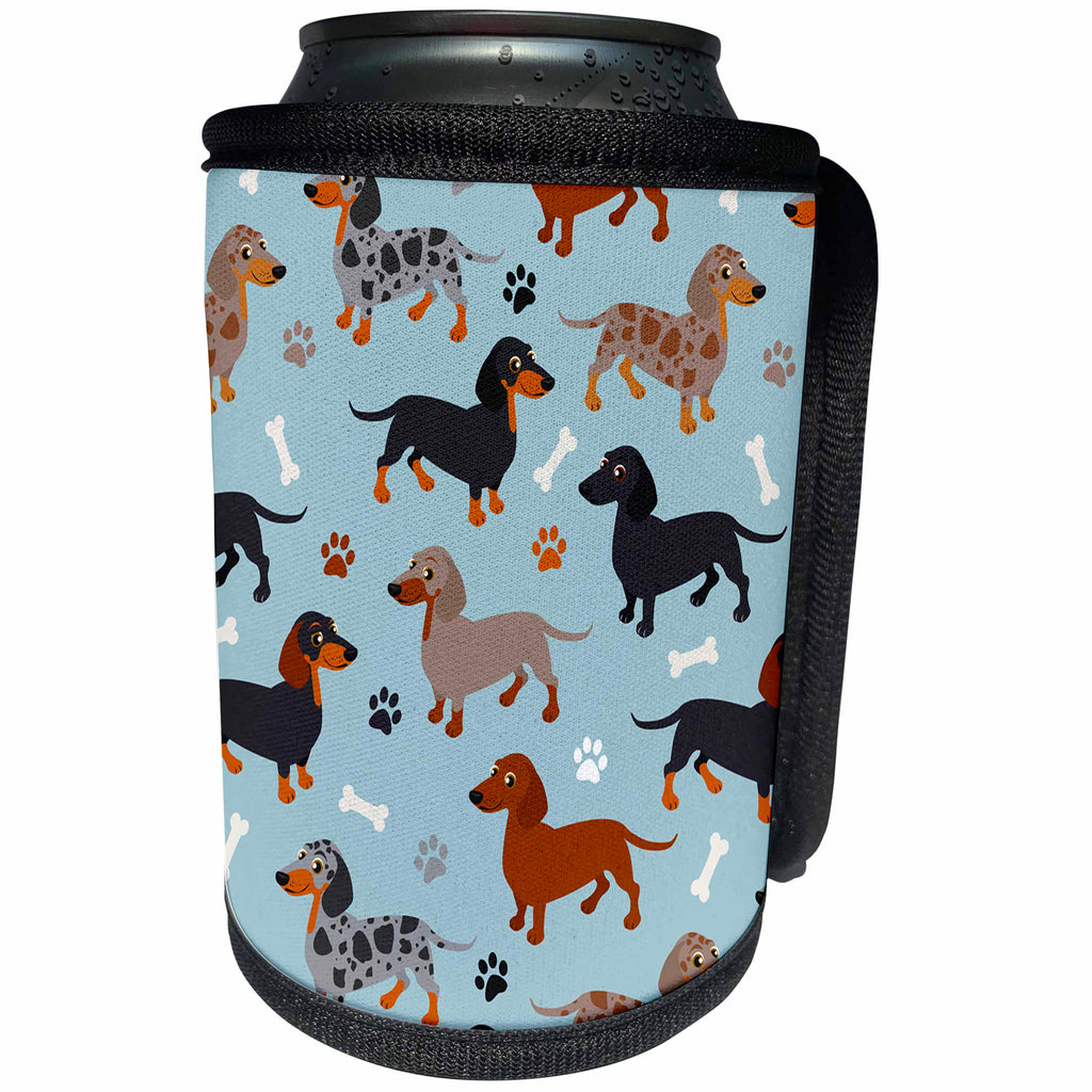 3dRose Janna Salak Designs Dogs - Cute Dachshund Pattern Blue Doxies - Can Cooler Bottle Wrap (cc_283603)