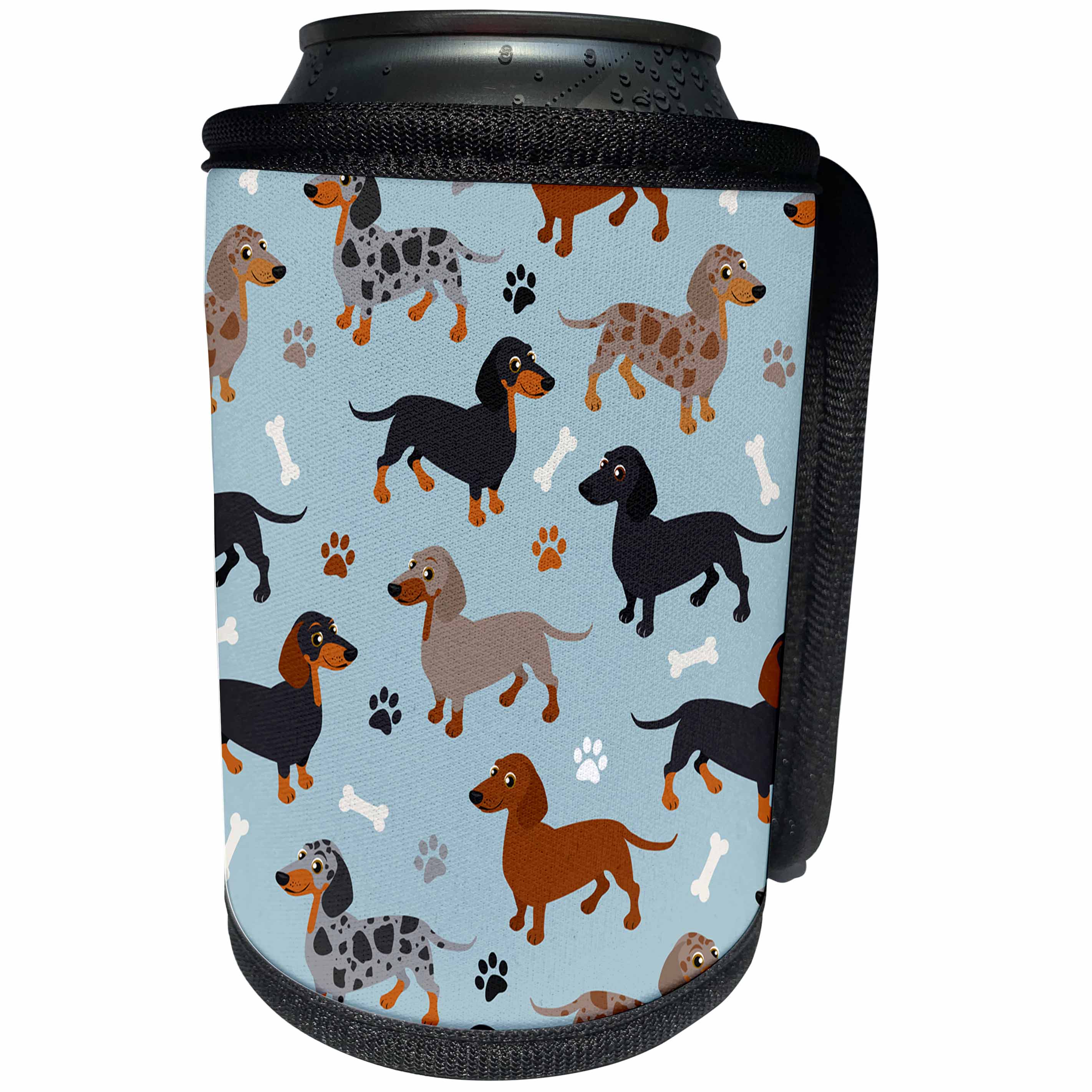 3dRose Janna Salak Designs Dogs - Cute Dachshund Pattern Blue Doxies - Can Cooler Bottle Wrap (cc_283603)