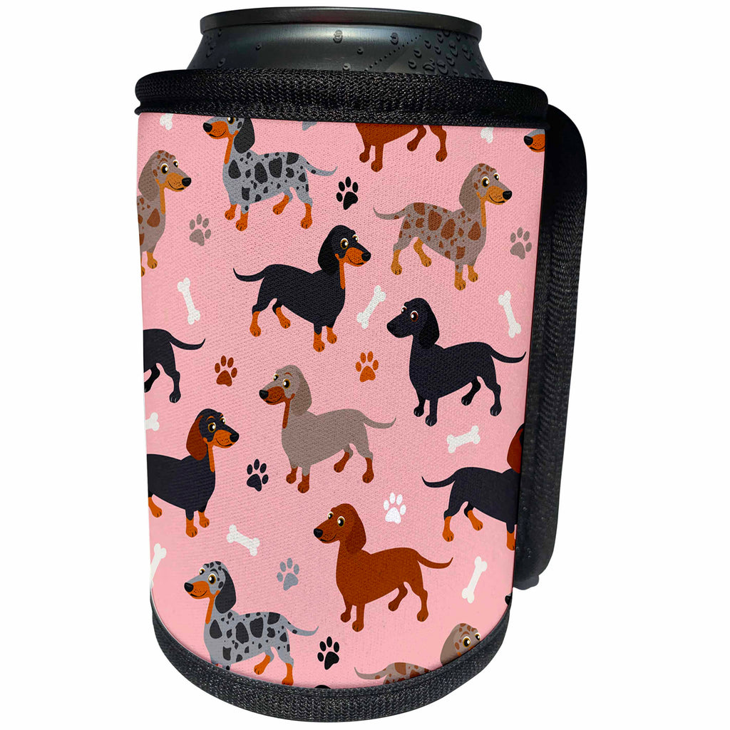 3dRose Janna Salak Designs Dogs - Cute Dachshund Pattern Pink Weiner Dog - Can Cooler Bottle Wrap (cc_283604)
