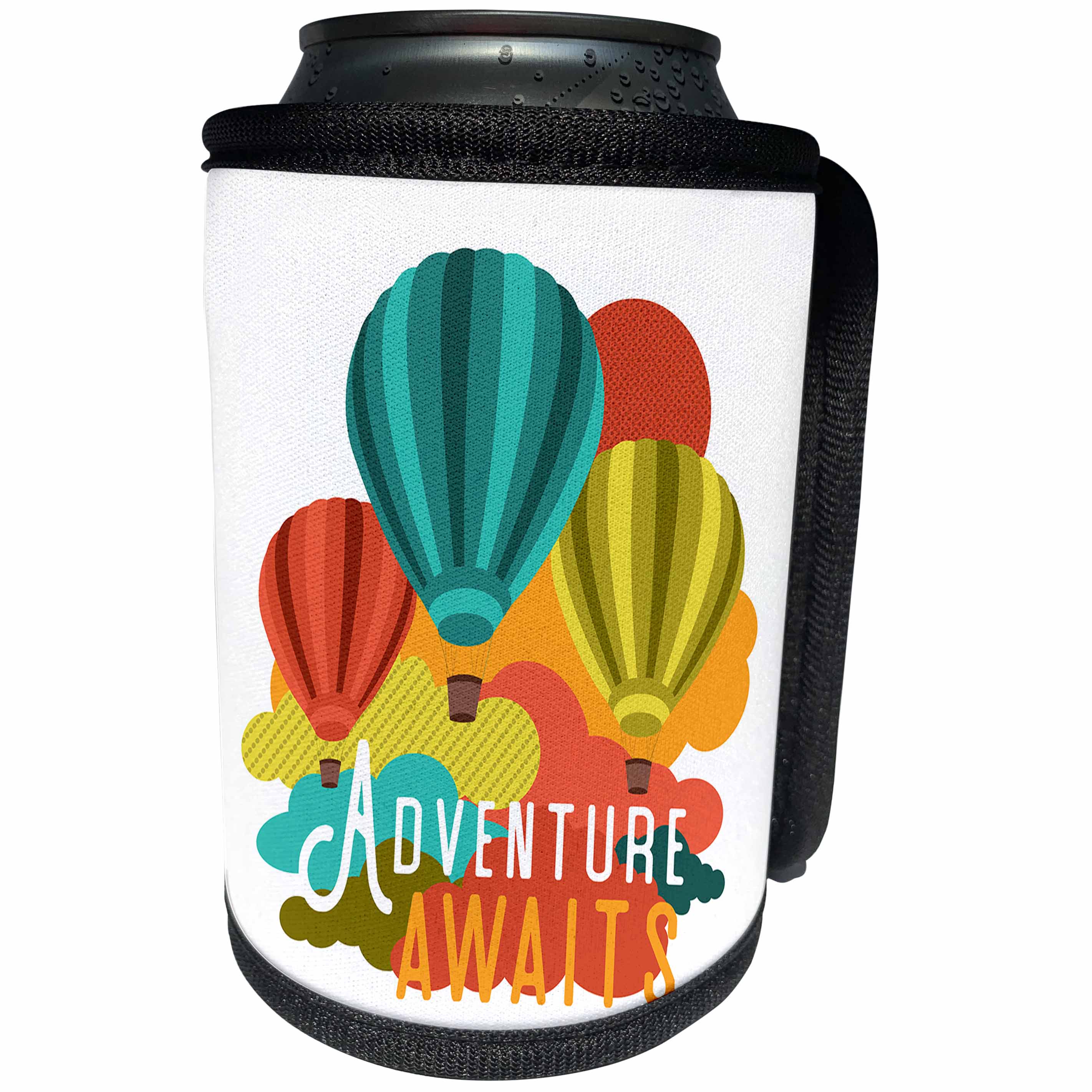 3dRose Janna Salak Designs Text Art - Adventure Awaits Hot Air Ballooning - Can Cooler Bottle Wrap (cc_283609)