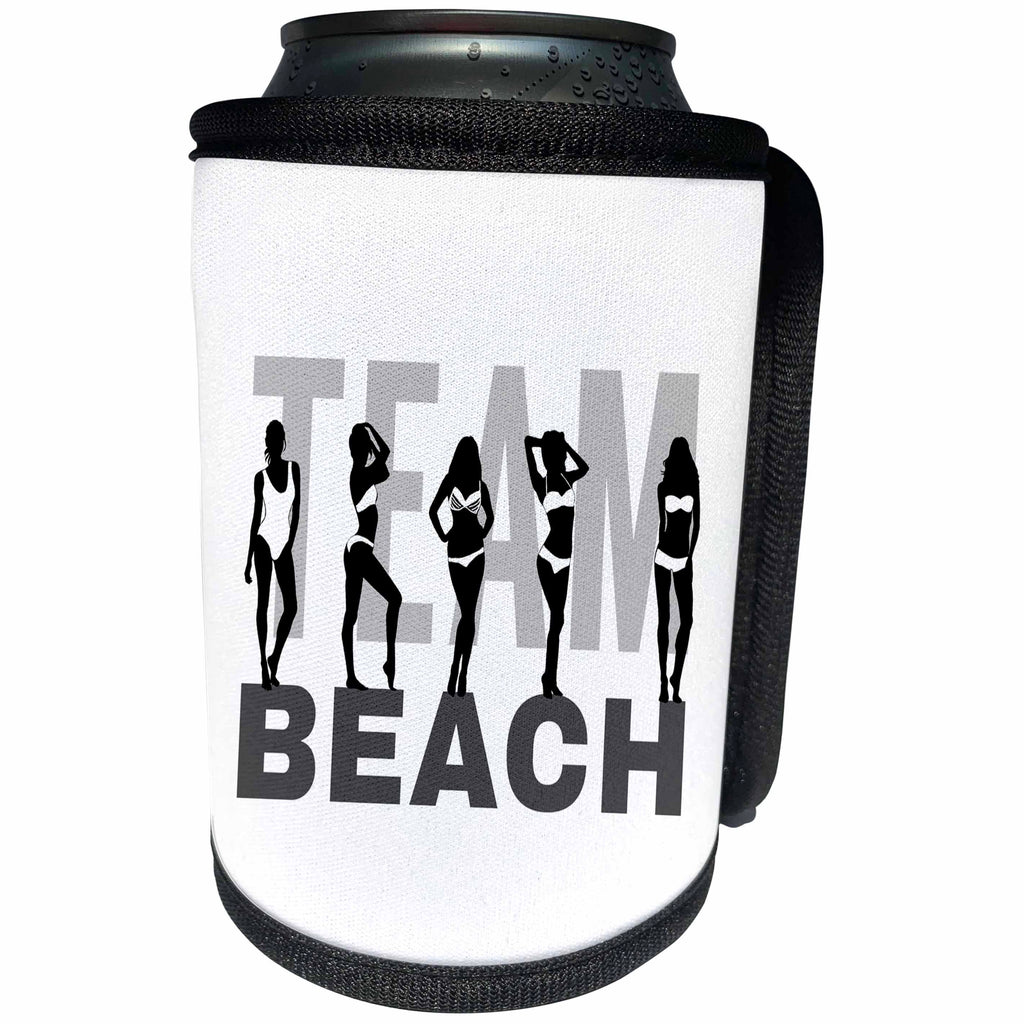 3dRose Alexis Design - Beach, Sea, Surf - Team Beach text, beautiful girls in bikinis, black, grey on white - Can Cooler Bottle Wrap (cc_283694)