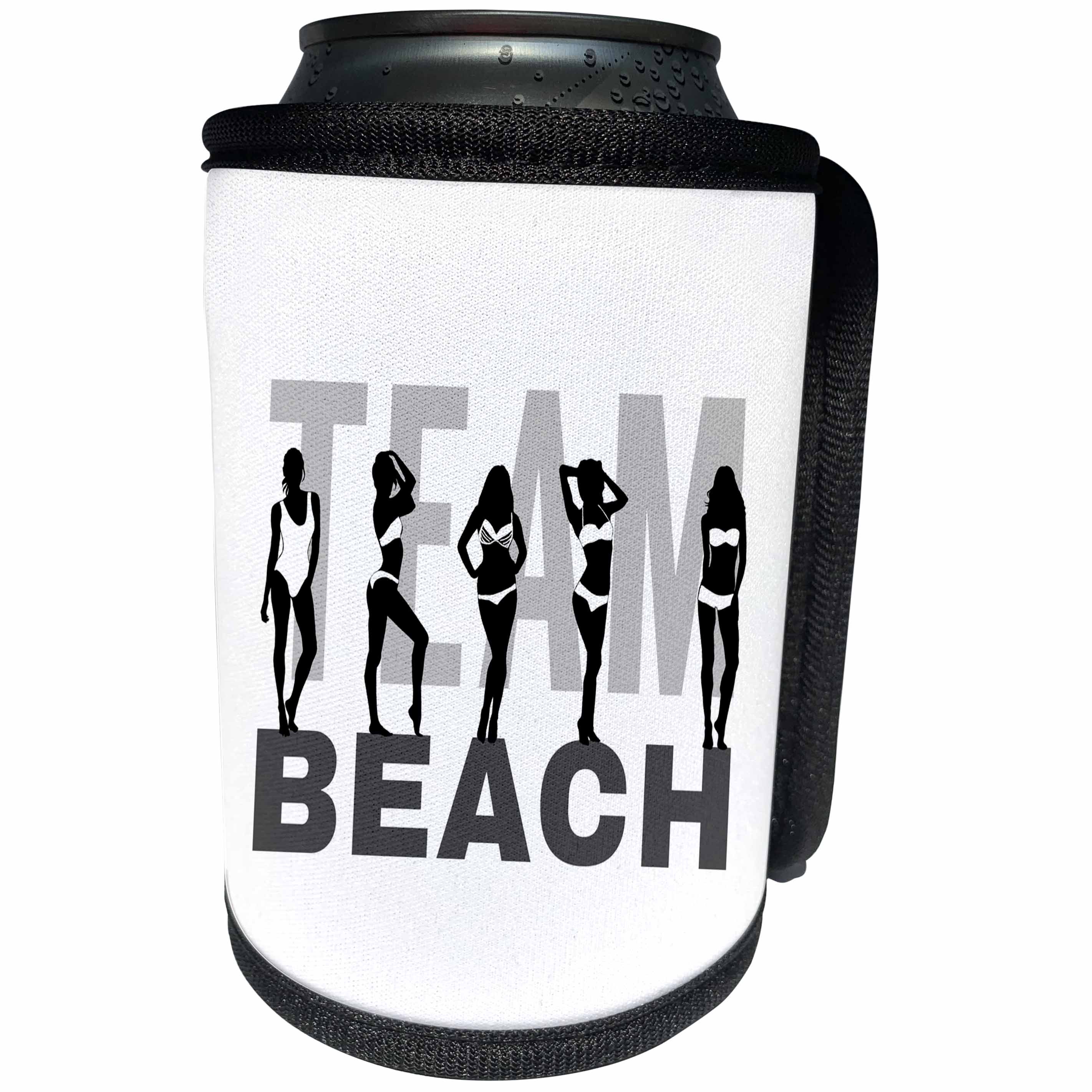 3dRose Alexis Design - Beach, Sea, Surf - Team Beach text, beautiful girls in bikinis, black, grey on white - Can Cooler Bottle Wrap (cc_283694)