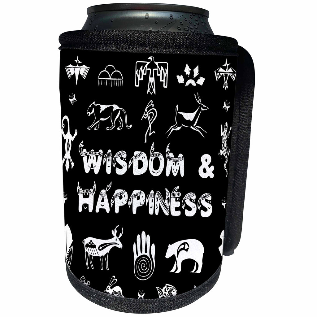 3dRose Alexis Design - Positive - Native American symbols, text WISDOM AND HAPPINESS white on black - Can Cooler Bottle Wrap (cc_283702)
