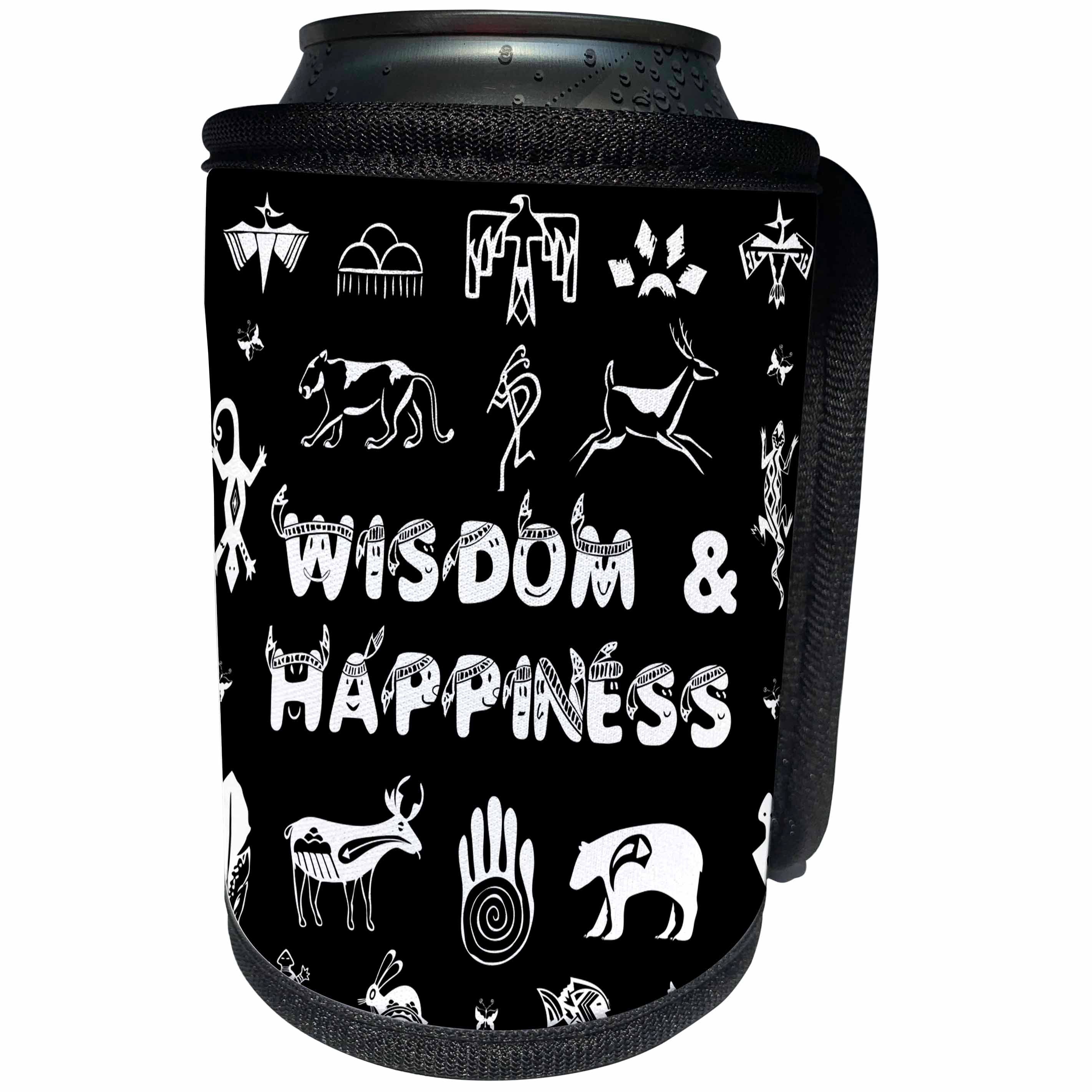 3dRose Alexis Design - Positive - Native American symbols, text WISDOM AND HAPPINESS white on black - Can Cooler Bottle Wrap (cc_283702)