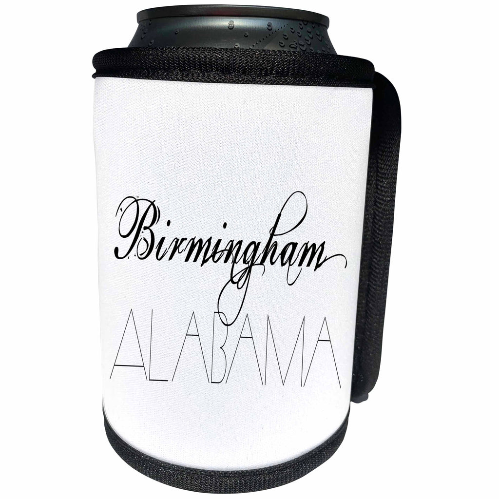 3dRose Alexis Design - American Cities - American Cities - Birmingham Alabama, black on white - Can Cooler Bottle Wrap (cc_283707)