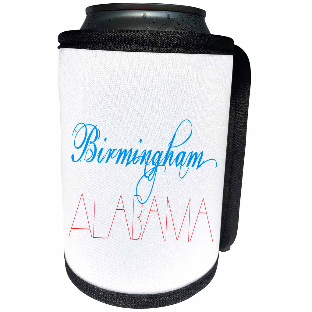 3dRose Alexis Design - American Cities - American Cities - Birmingham Alabama, blue, red on white - Can Cooler Bottle Wrap (cc_283708)