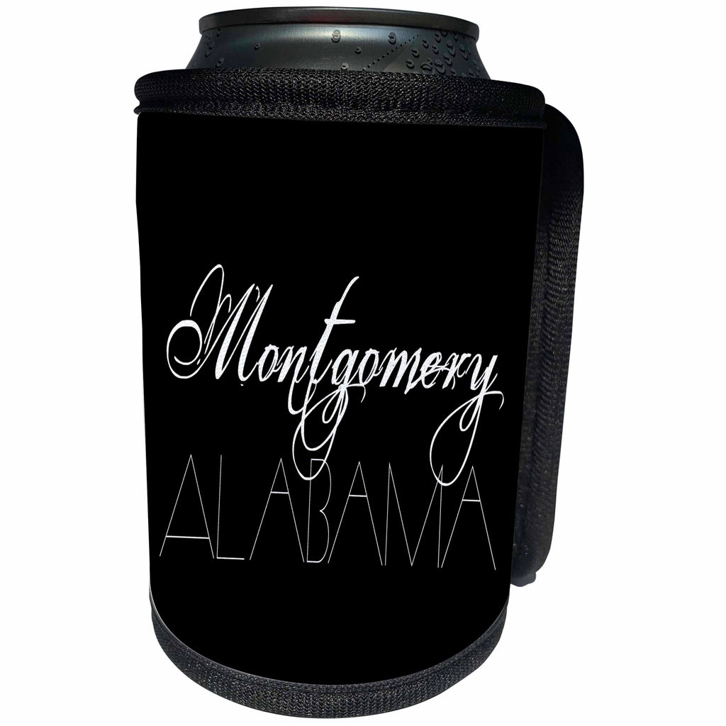 3dRose Alexis Design - American Cities - American Cities - Montgomery Alabama, white on black - Can Cooler Bottle Wrap (cc_283712)