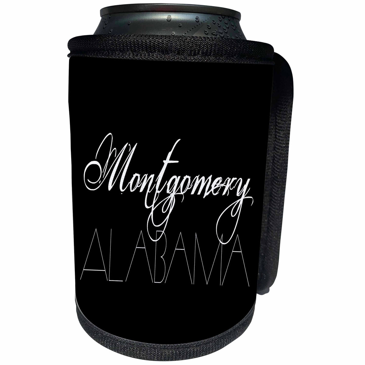 3dRose Alexis Design - American Cities - American Cities - Montgomery Alabama, white on black - Can Cooler Bottle Wrap (cc_283712)