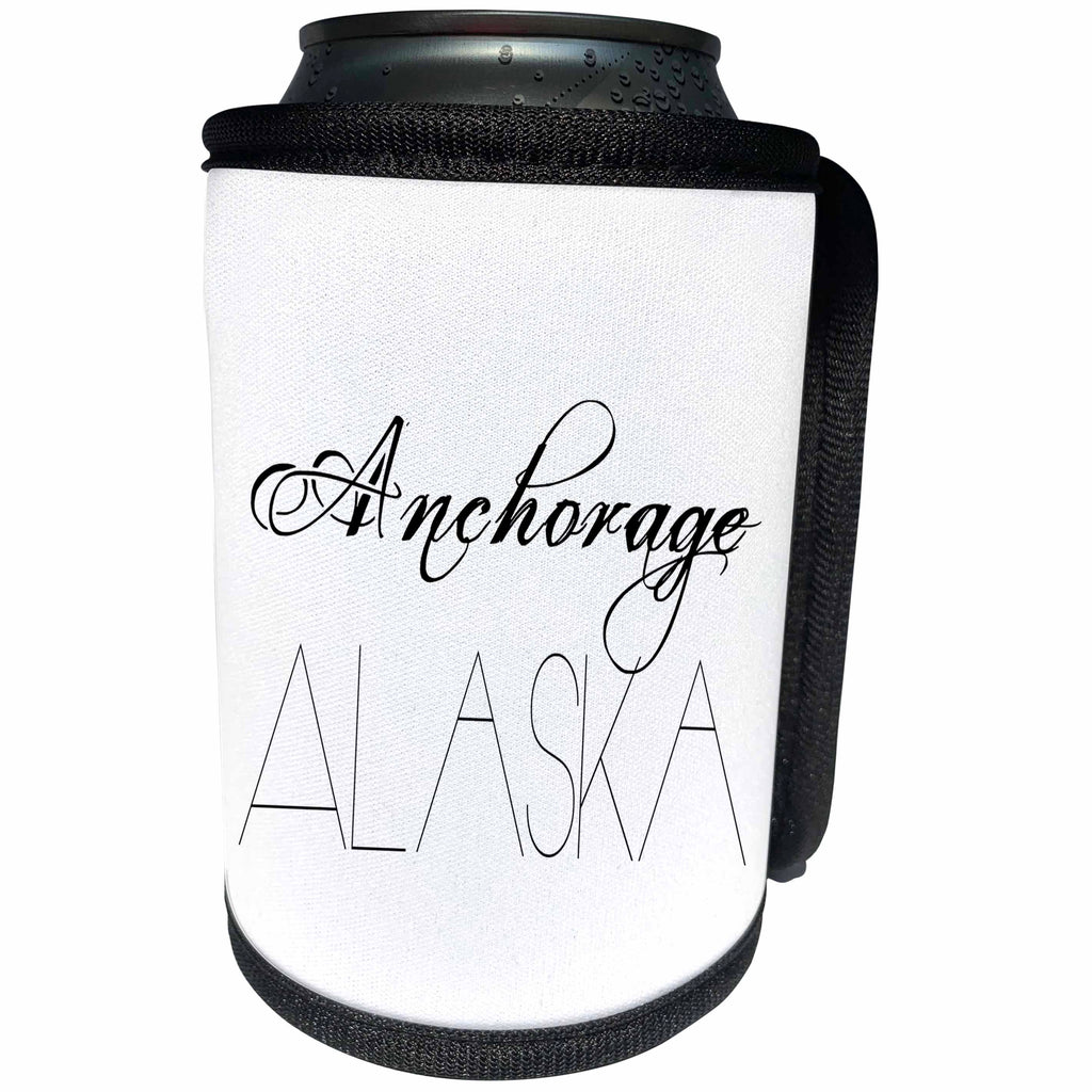 3dRose Alexis Design - American Cities - American Cities - Anchorage Alaska, black on white - Can Cooler Bottle Wrap (cc_283713)