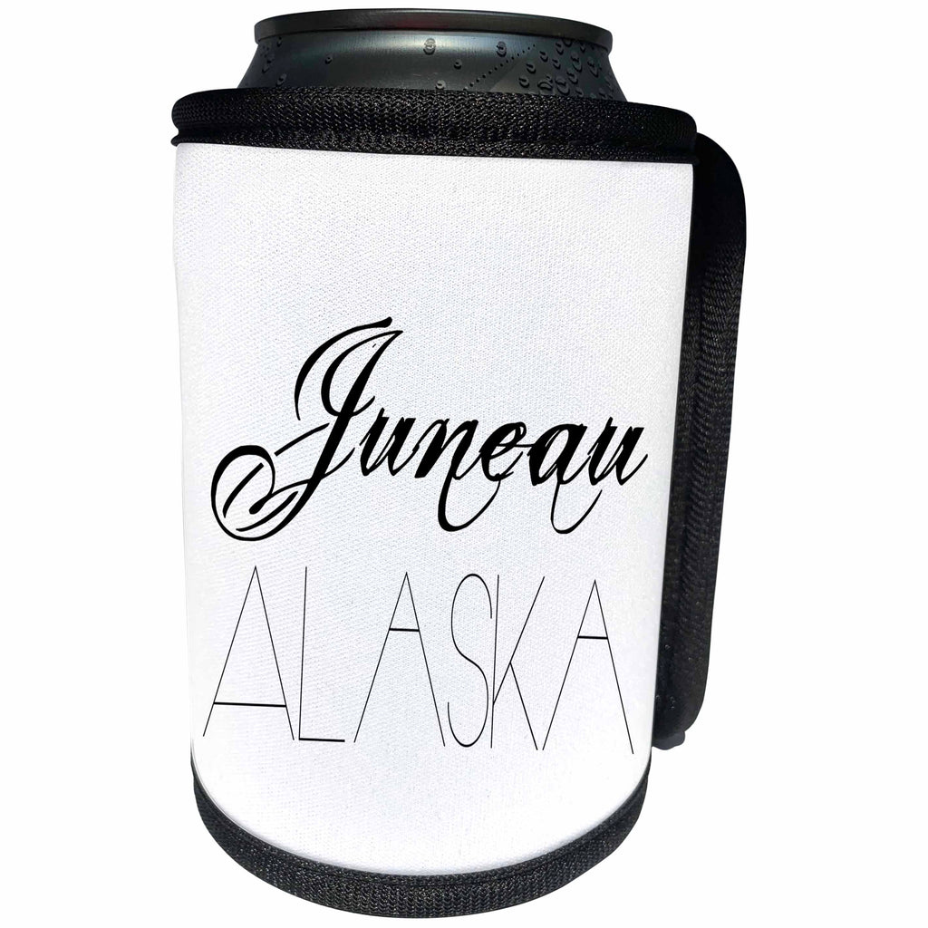 3dRose Alexis Design - American Cities - American Cities - Juneau Alaska, black on white - Can Cooler Bottle Wrap (cc_283716)
