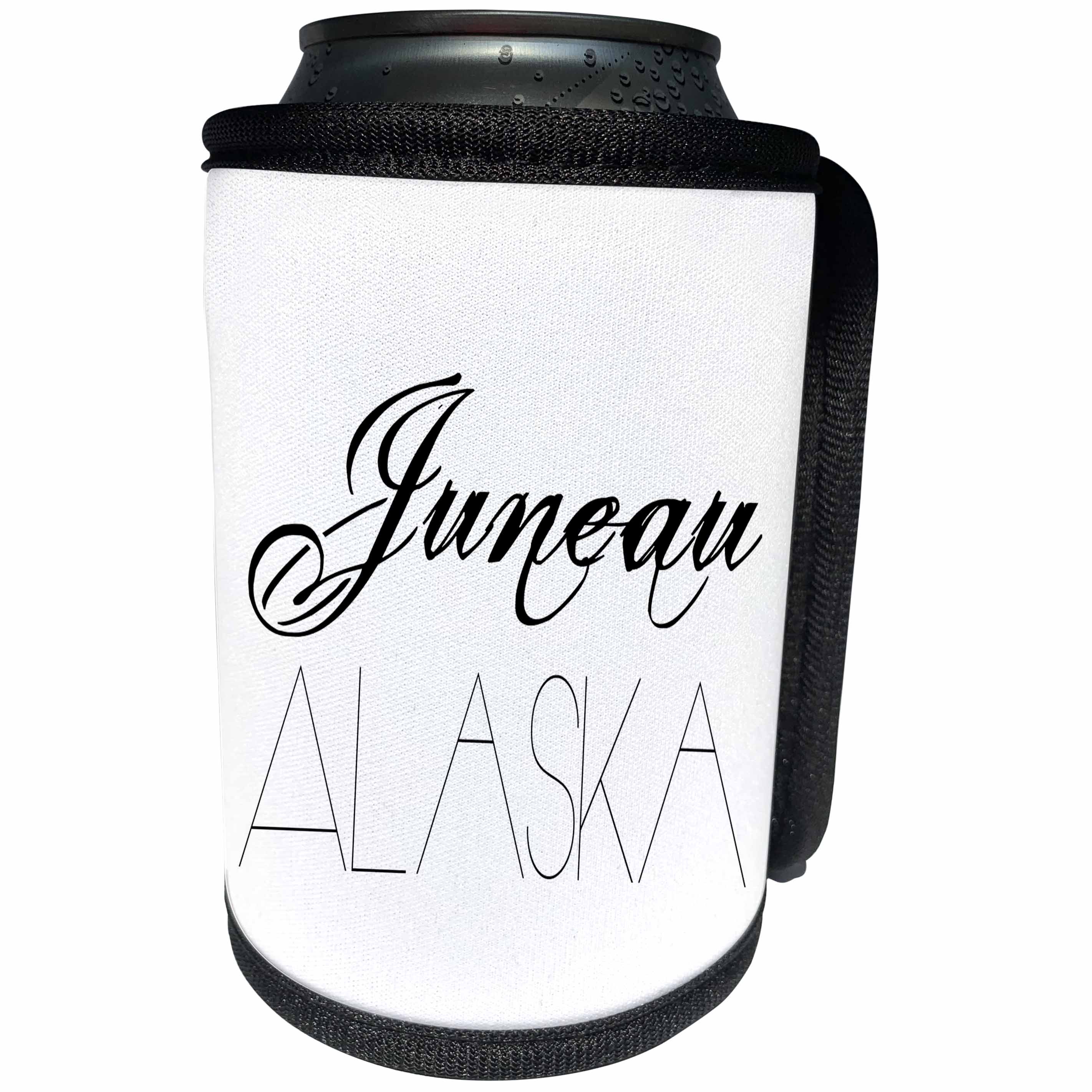 3dRose Alexis Design - American Cities - American Cities - Juneau Alaska, black on white - Can Cooler Bottle Wrap (cc_283716)