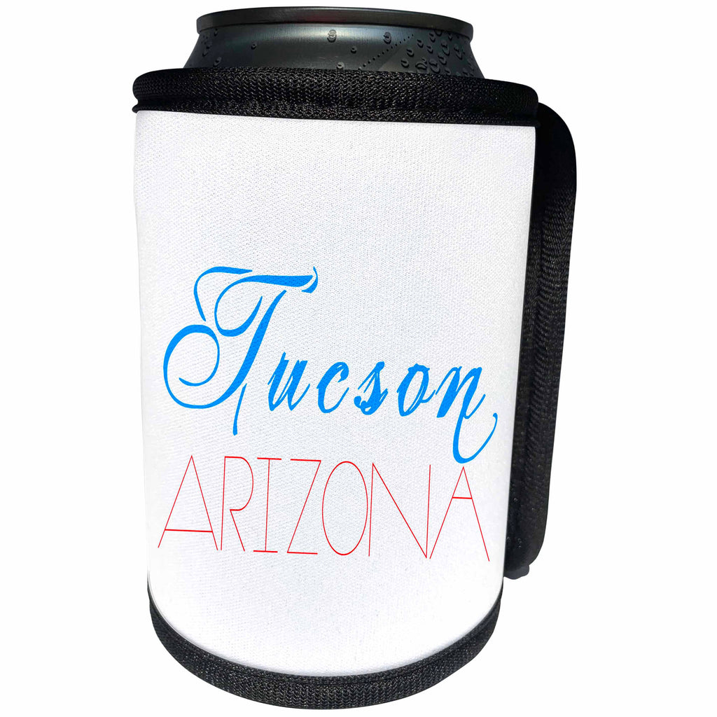 3dRose Alexis Design - American Cities - American Cities - Tucson Arizona, blue, red on white - Can Cooler Bottle Wrap (cc_283723)