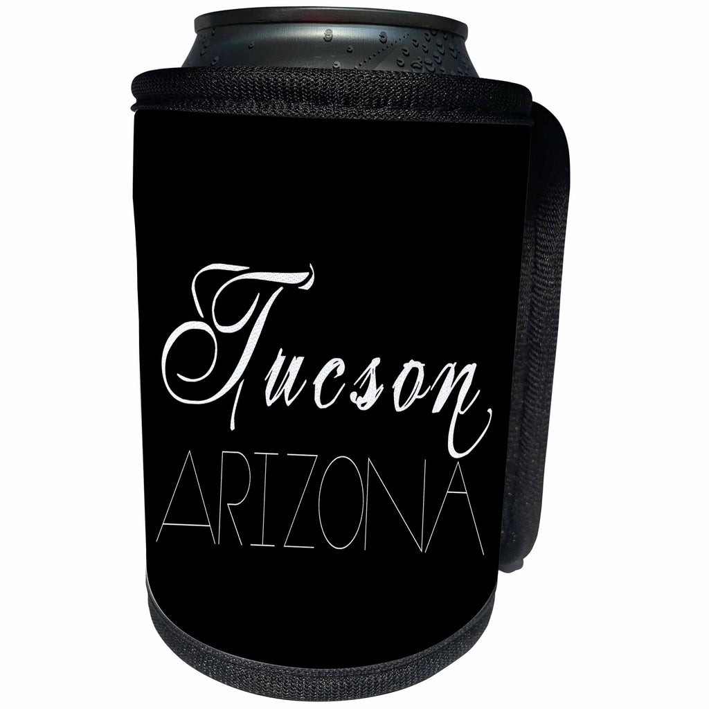 3dRose Alexis Design - American Cities - American Cities - Tucson Arizona, white on black - Can Cooler Bottle Wrap (cc_283724)