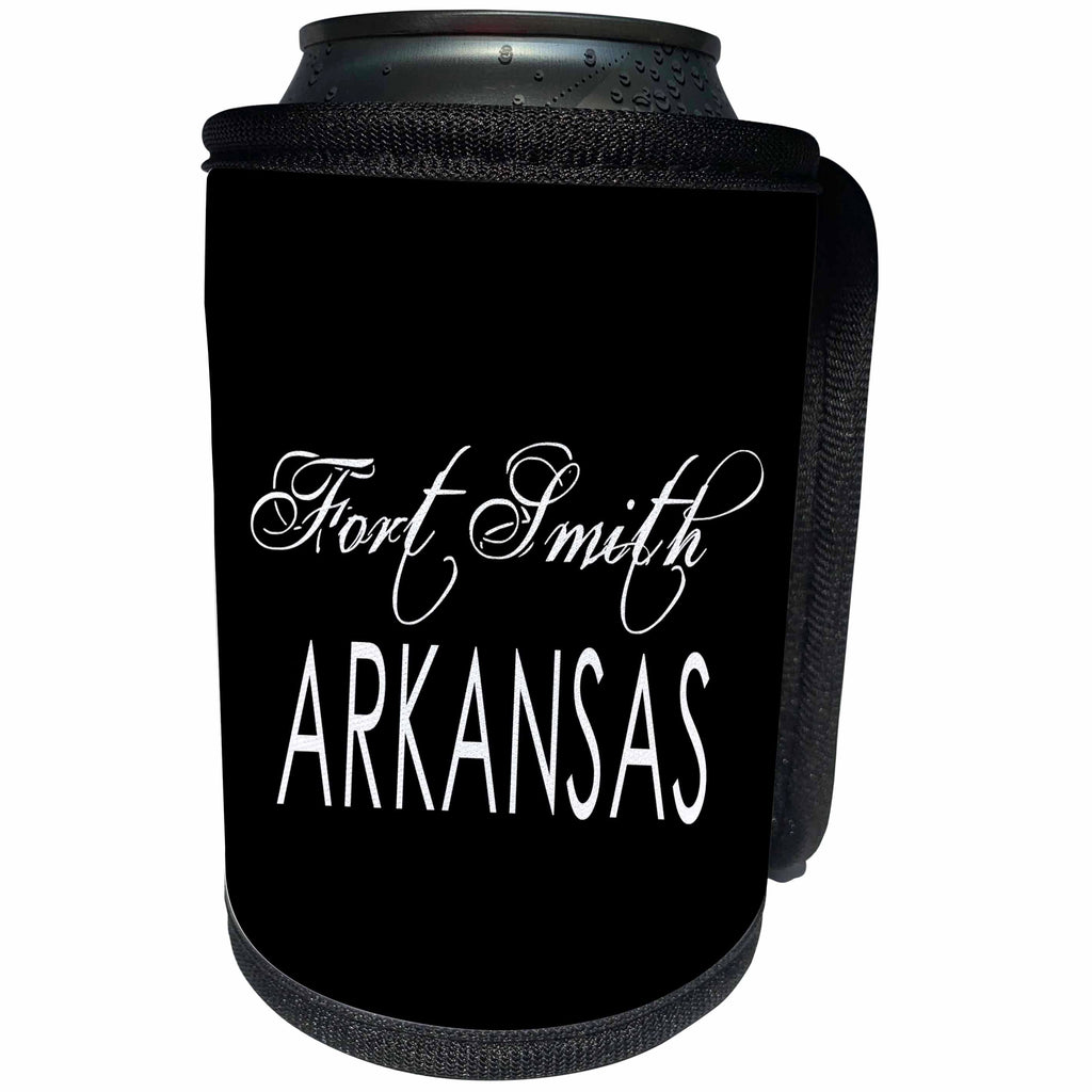 3dRose Alexis Design - American Cities - American Cities - Fort Smith Arkansas, white on black - Can Cooler Bottle Wrap (cc_283727)