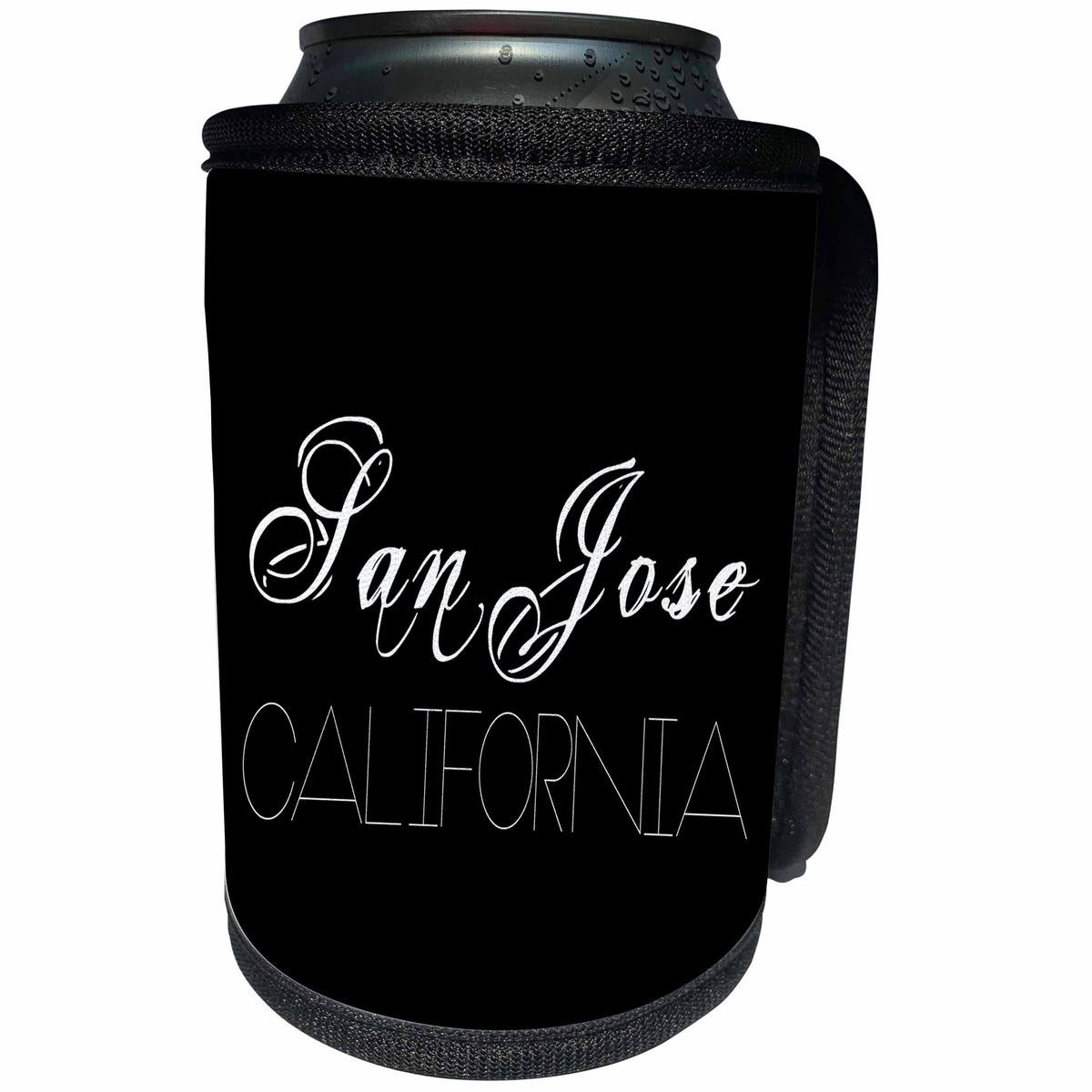 3dRose Alexis Design - American Cities - American Cities - San Jose California, white on black - Can Cooler Bottle Wrap (cc_283736)