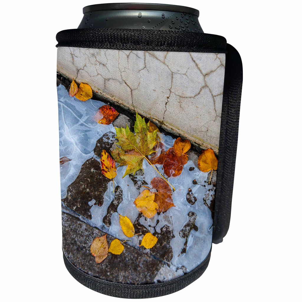 3dRose Alexis Photography - Seasons Autumn Colors - Yellow leave in a frozen puddle. Autumn decay - Can Cooler Bottle Wrap (cc_283761)