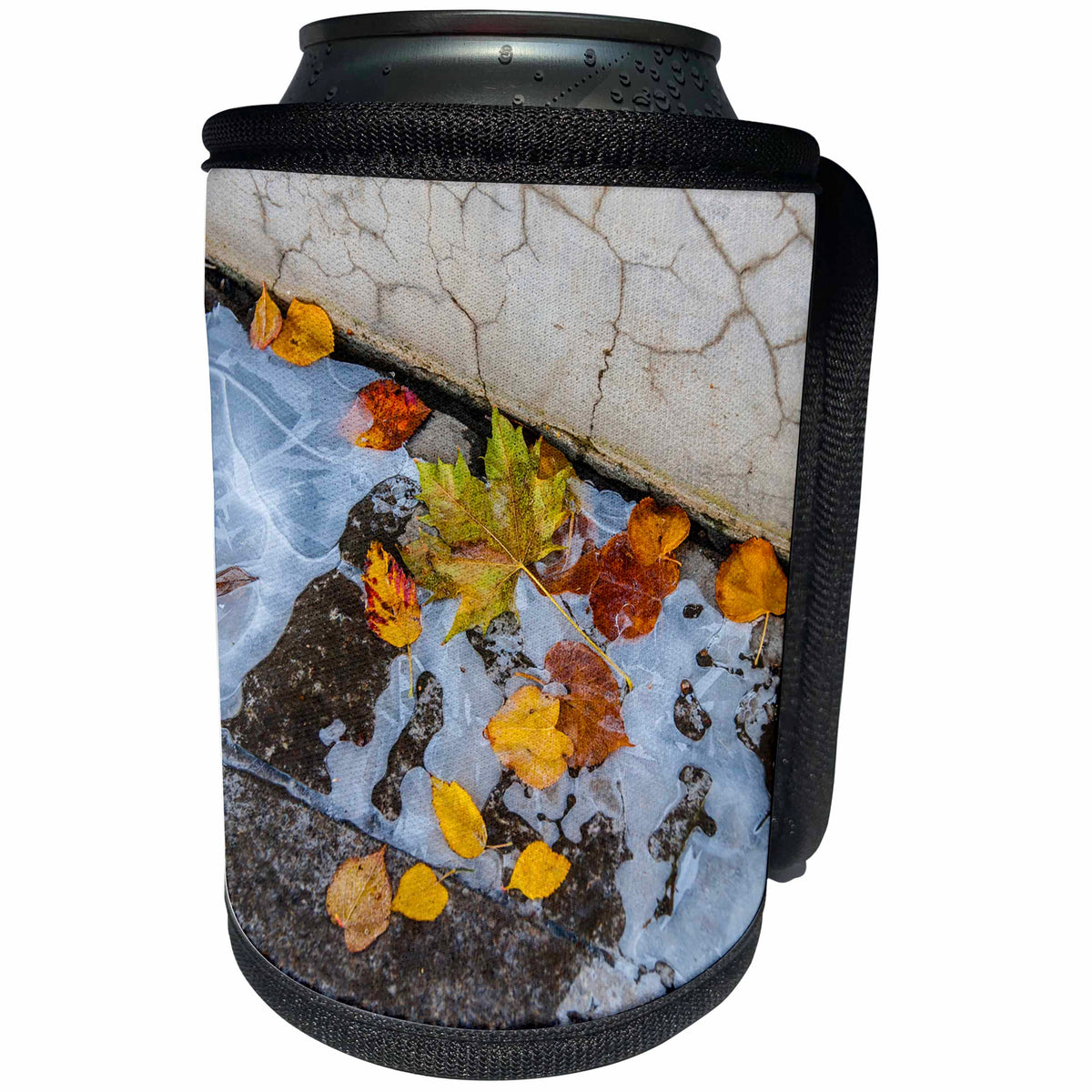 3dRose Alexis Photography - Seasons Autumn Colors - Yellow leave in a frozen puddle. Autumn decay - Can Cooler Bottle Wrap (cc_283761)