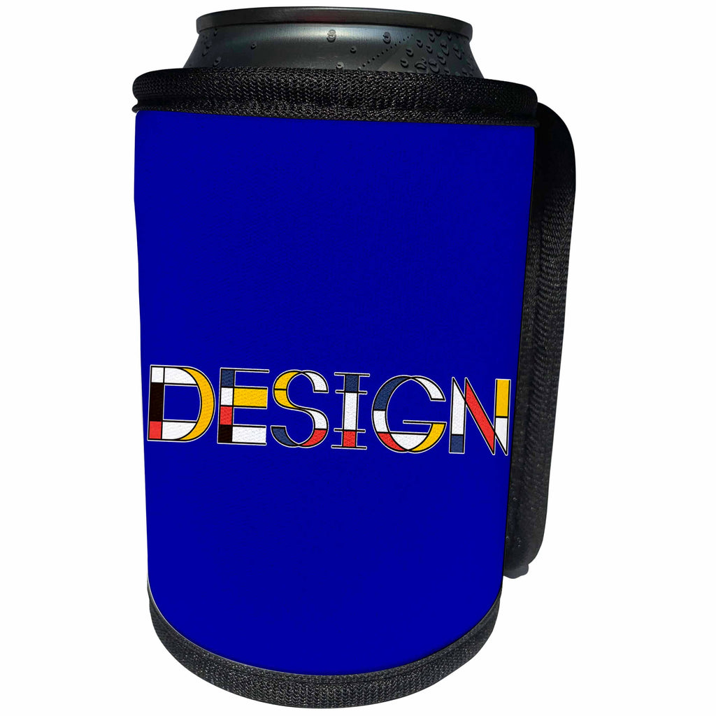 3dRose Alexis Design - Neoplasticism Art - Neoplasticism style elegant colorful text DESIGN on blue - Can Cooler Bottle Wrap (cc_283807)