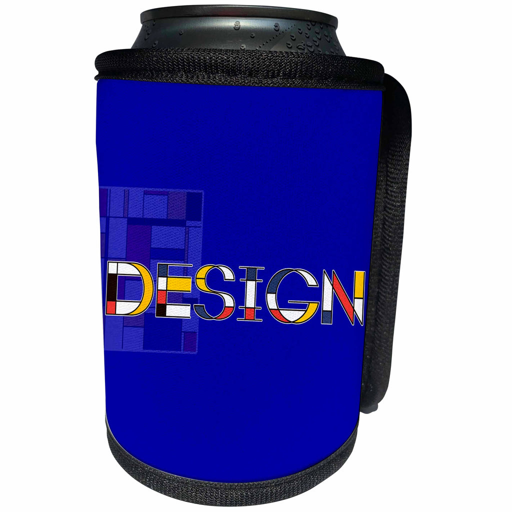 3dRose Alexis Design - Neoplasticism Art - Neoplasticism style text DESIGN, abstract art in the back on blue - Can Cooler Bottle Wrap (cc_283810)