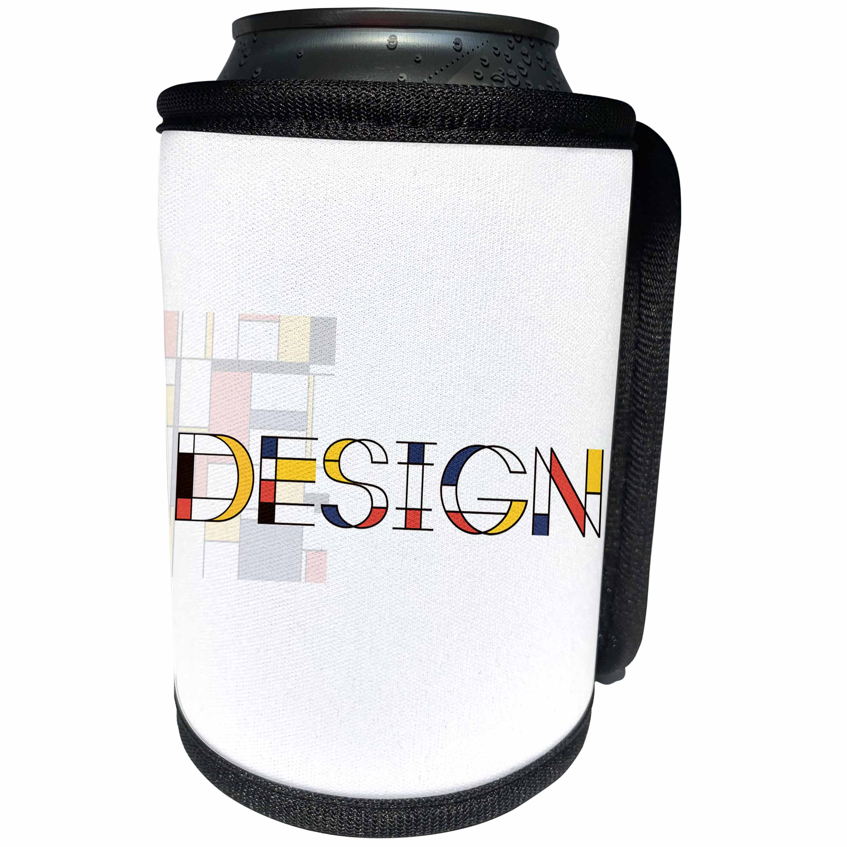 3dRose Alexis Design - Neoplasticism Art - Neoplasticism style text DESIGN, abstract art in the back on white - Can Cooler Bottle Wrap (cc_283811)