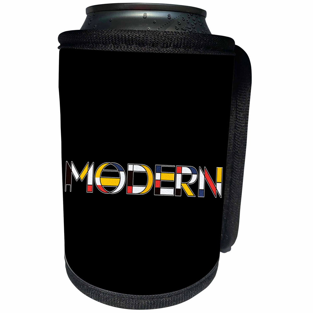3dRose Alexis Design - Neoplasticism Art - Neoplasticism style elegant colorful text MODERN on black - Can Cooler Bottle Wrap (cc_283812)