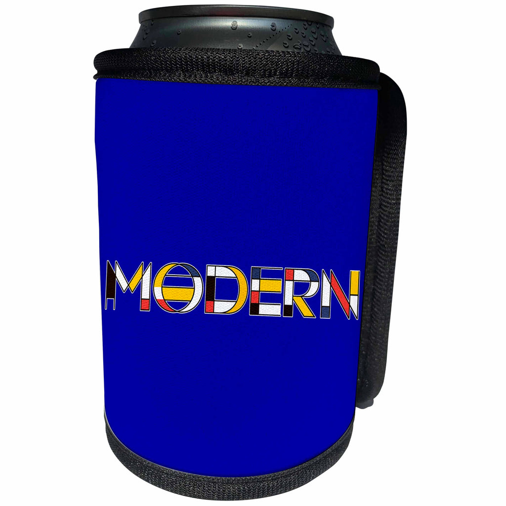 3dRose Alexis Design - Neoplasticism Art - Neoplasticism style elegant colorful text MODERN on blue - Can Cooler Bottle Wrap (cc_283813)