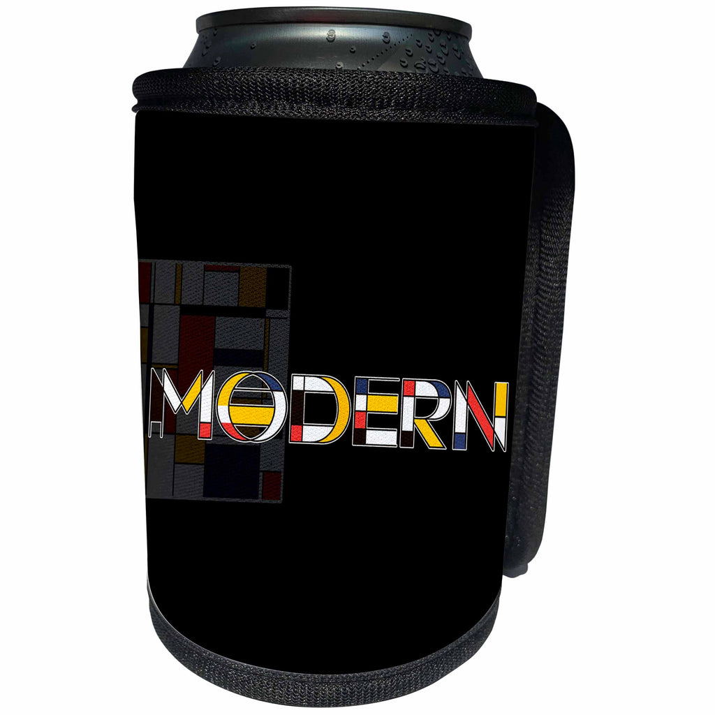 3dRose Alexis Design - Neoplasticism Art - Neoplasticism style text MODERN, abstract art in the back on black - Can Cooler Bottle Wrap (cc_283815)