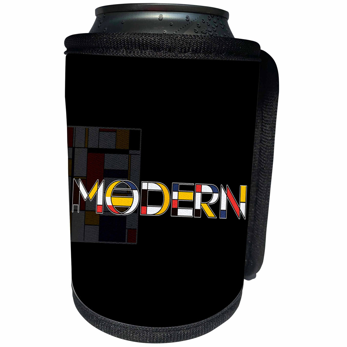 3dRose Alexis Design - Neoplasticism Art - Neoplasticism style text MODERN, abstract art in the back on black - Can Cooler Bottle Wrap (cc_283815)