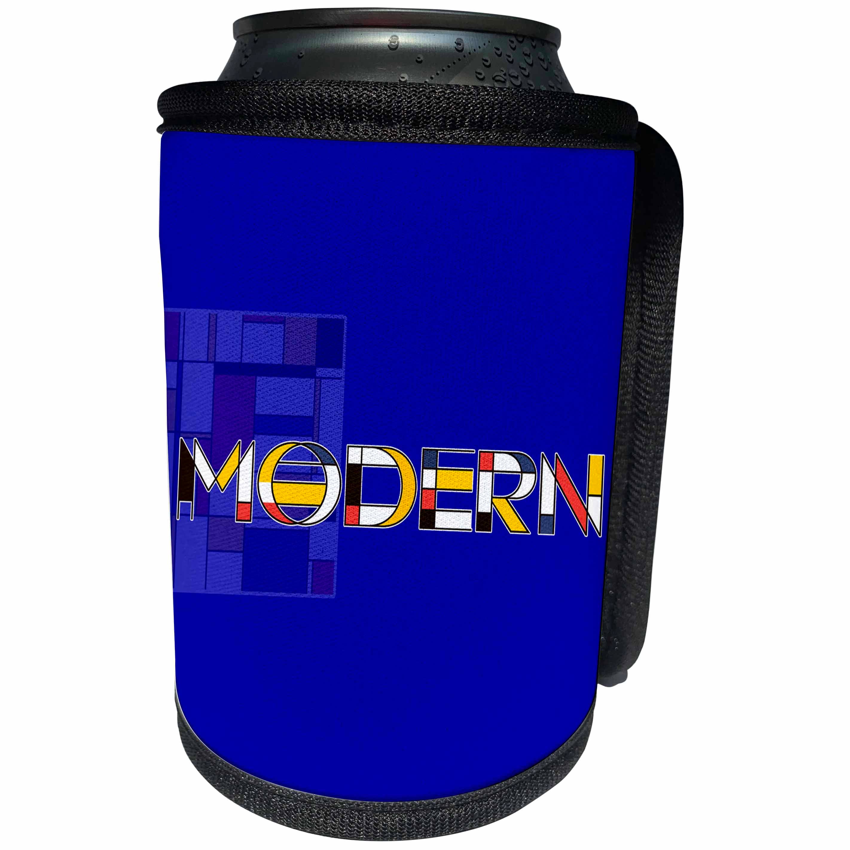 3dRose Alexis Design - Neoplasticism Art - Neoplasticism style text MODERN, abstract art in the back on blue - Can Cooler Bottle Wrap (cc_283816)