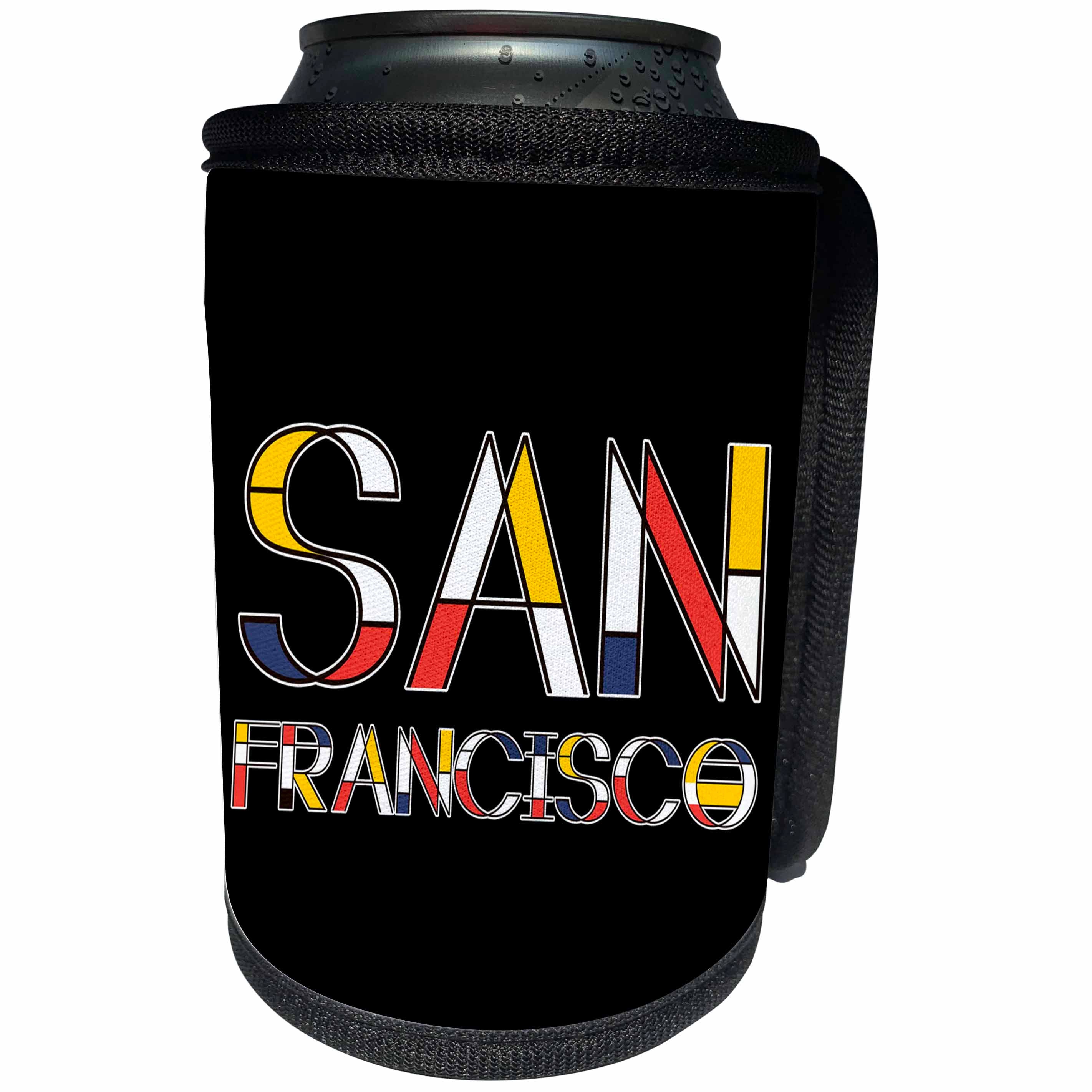 3dRose Alexis Design - American Cities - Decorative, neoplasticism artistic style text San Francisco on black - Can Cooler Bottle Wrap (cc_283822)