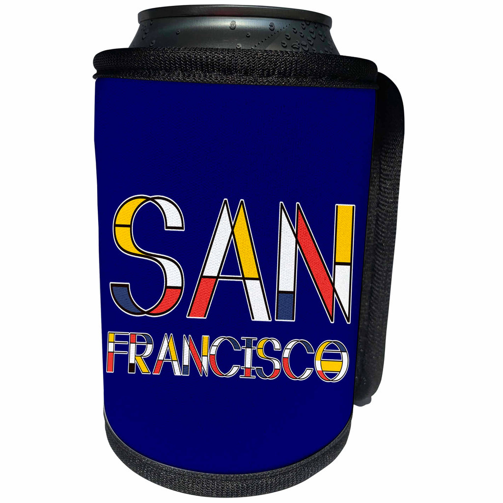 3dRose Alexis Design - American Cities - Decorative, neoplasticism artistic style text San Francisco on blue - Can Cooler Bottle Wrap (cc_283823)