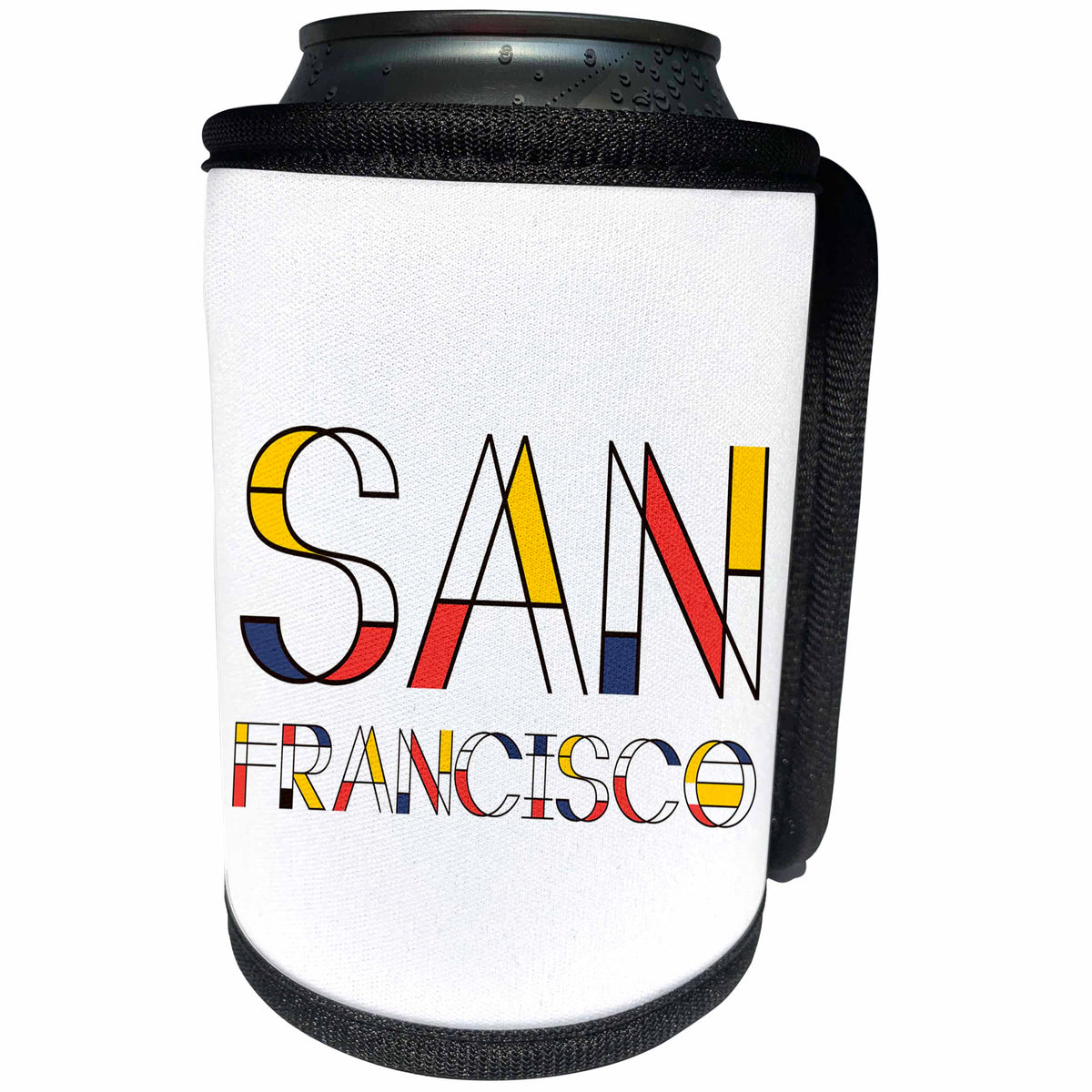 3dRose Alexis Design - American Cities - Decorative, neoplasticism artistic style text San Francisco on white - Can Cooler Bottle Wrap (cc_283824)