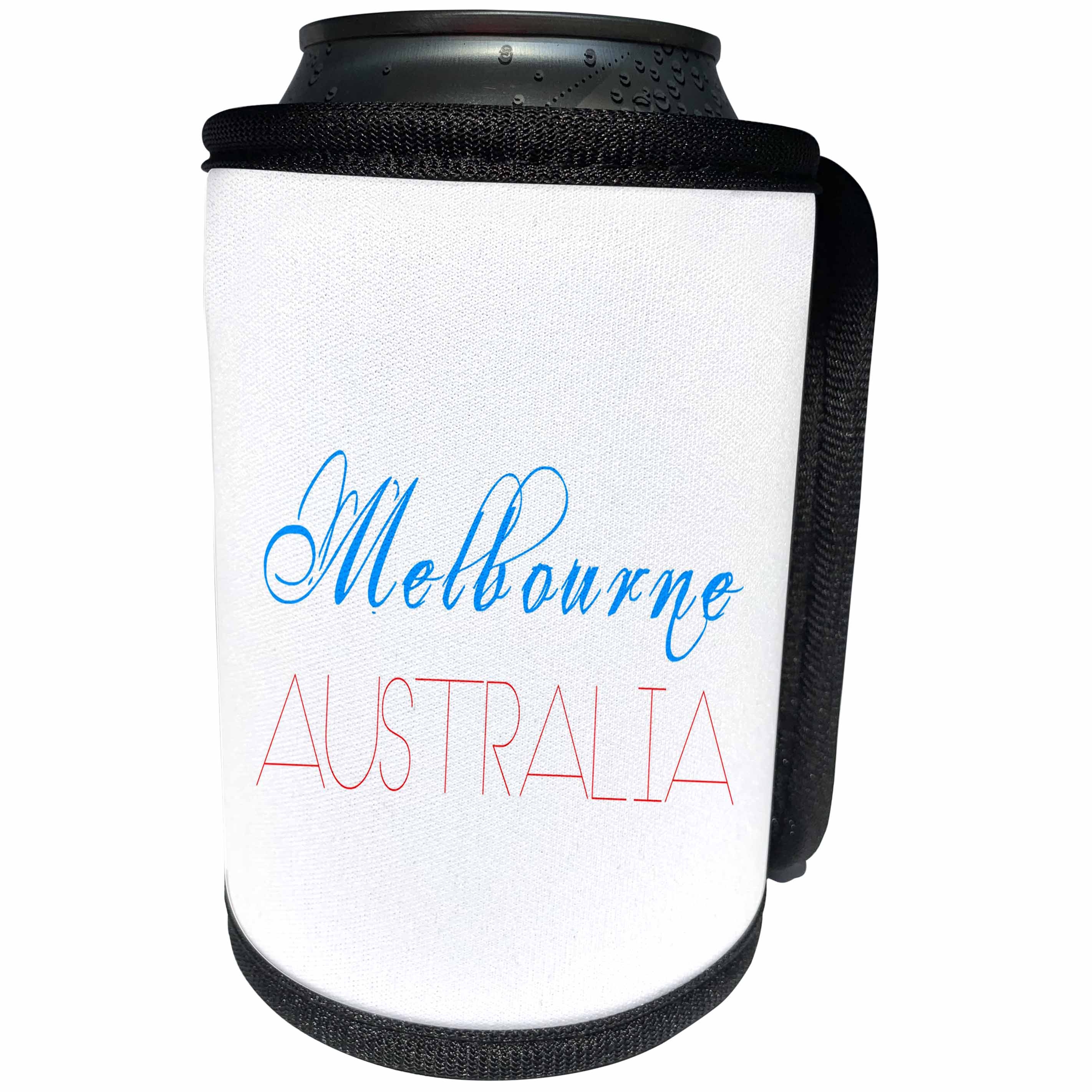 3dRose Alexis Design - Cities of the world - Cities Of The World - Melbourne Australia red, blue text on white - Can Cooler Bottle Wrap (cc_283829)