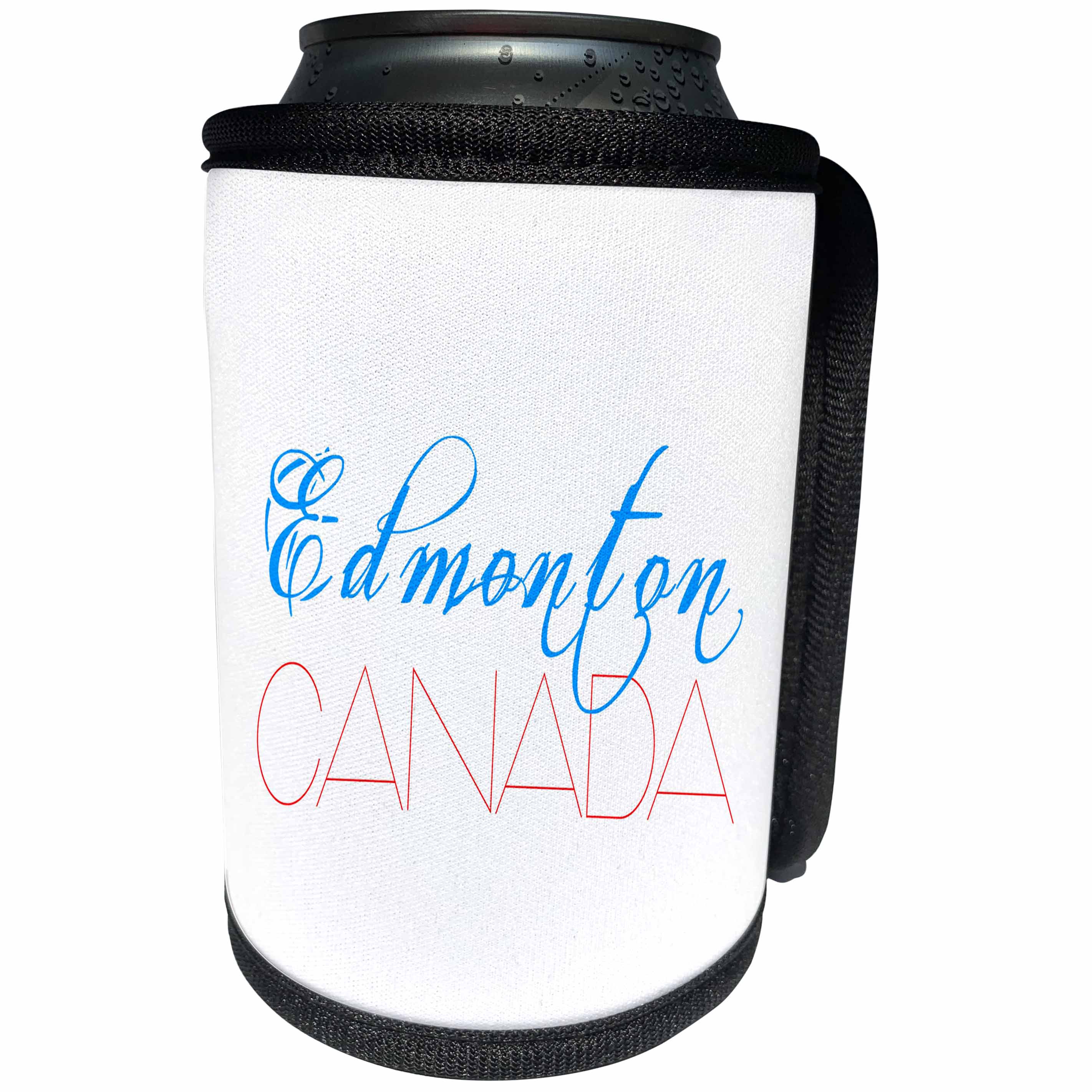 3dRose Alexis Design - Cities of the world - Cities Of The World - Edmonton Canada red, blue text on white - Can Cooler Bottle Wrap (cc_283835)