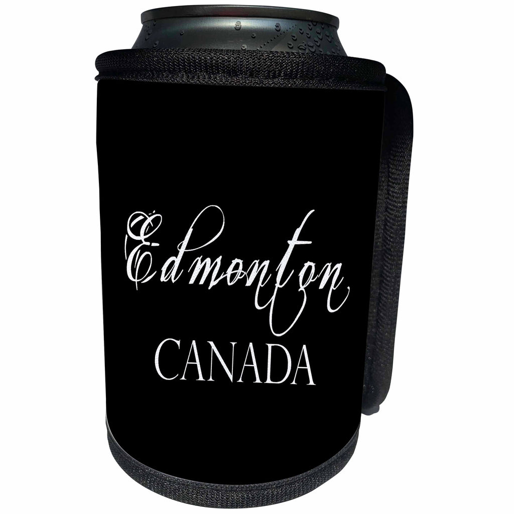 3dRose Alexis Design - Cities of the world - Cities Of The World - Edmonton Canada white text on black - Can Cooler Bottle Wrap (cc_283836)