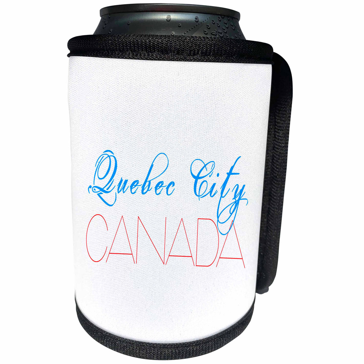 3dRose Alexis Design - Cities of the world - Cities Of The World - Quebec City Canada red, blue text on white - Can Cooler Bottle Wrap (cc_283838)