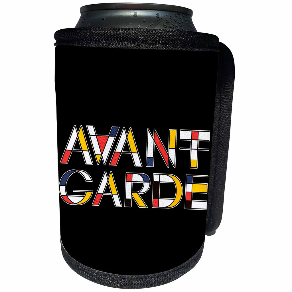 3dRose Alexis Design - Neoplasticism Art - Decorative, neoplasticism artistic style text Avant-Garde on black - Can Cooler Bottle Wrap (cc_283868)