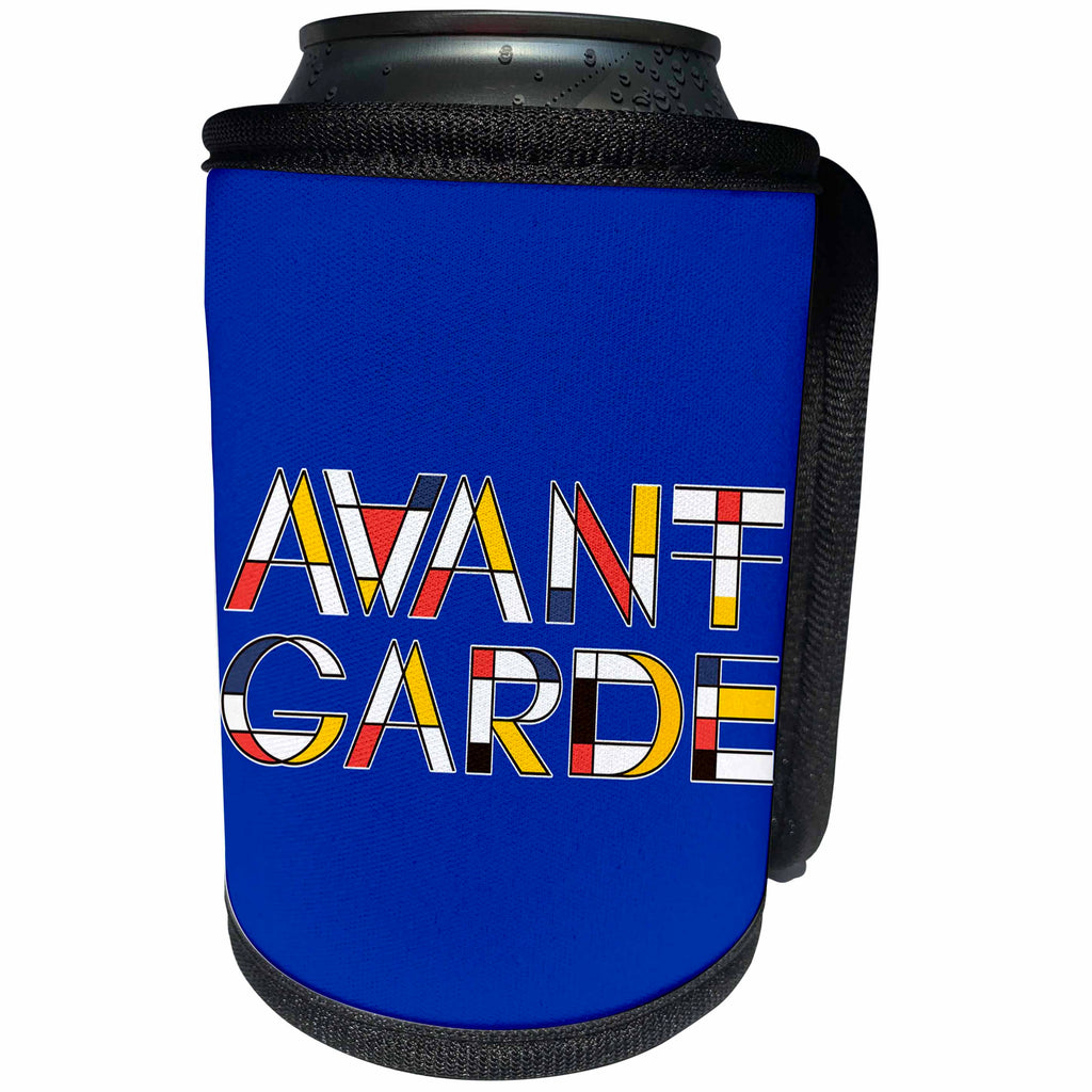 3dRose Alexis Design - Neoplasticism Art - Decorative, neoplasticism artistic style text Avant-Garde on blue - Can Cooler Bottle Wrap (cc_283869)