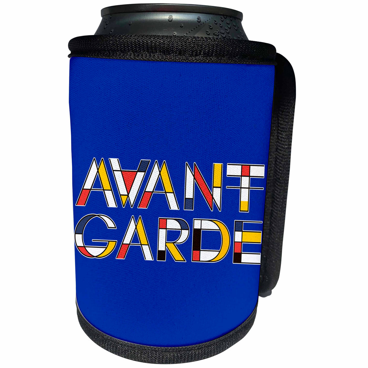 3dRose Alexis Design - Neoplasticism Art - Decorative, neoplasticism artistic style text Avant-Garde on blue - Can Cooler Bottle Wrap (cc_283869)