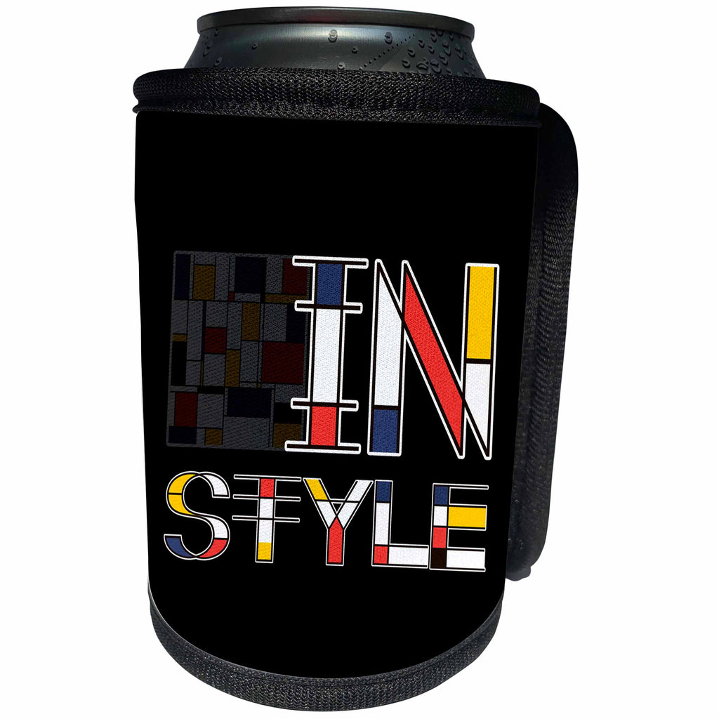 3dRose Alexis Design - Neoplasticism Art - Neoplasticism artistic style text In Style, and a painting on black - Can Cooler Bottle Wrap (cc_283871)