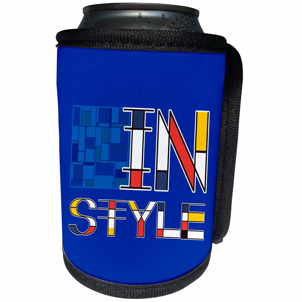 3dRose Alexis Design - Neoplasticism Art - Neoplasticism artistic style text In Style, and a painting on blue - Can Cooler Bottle Wrap (cc_283872)