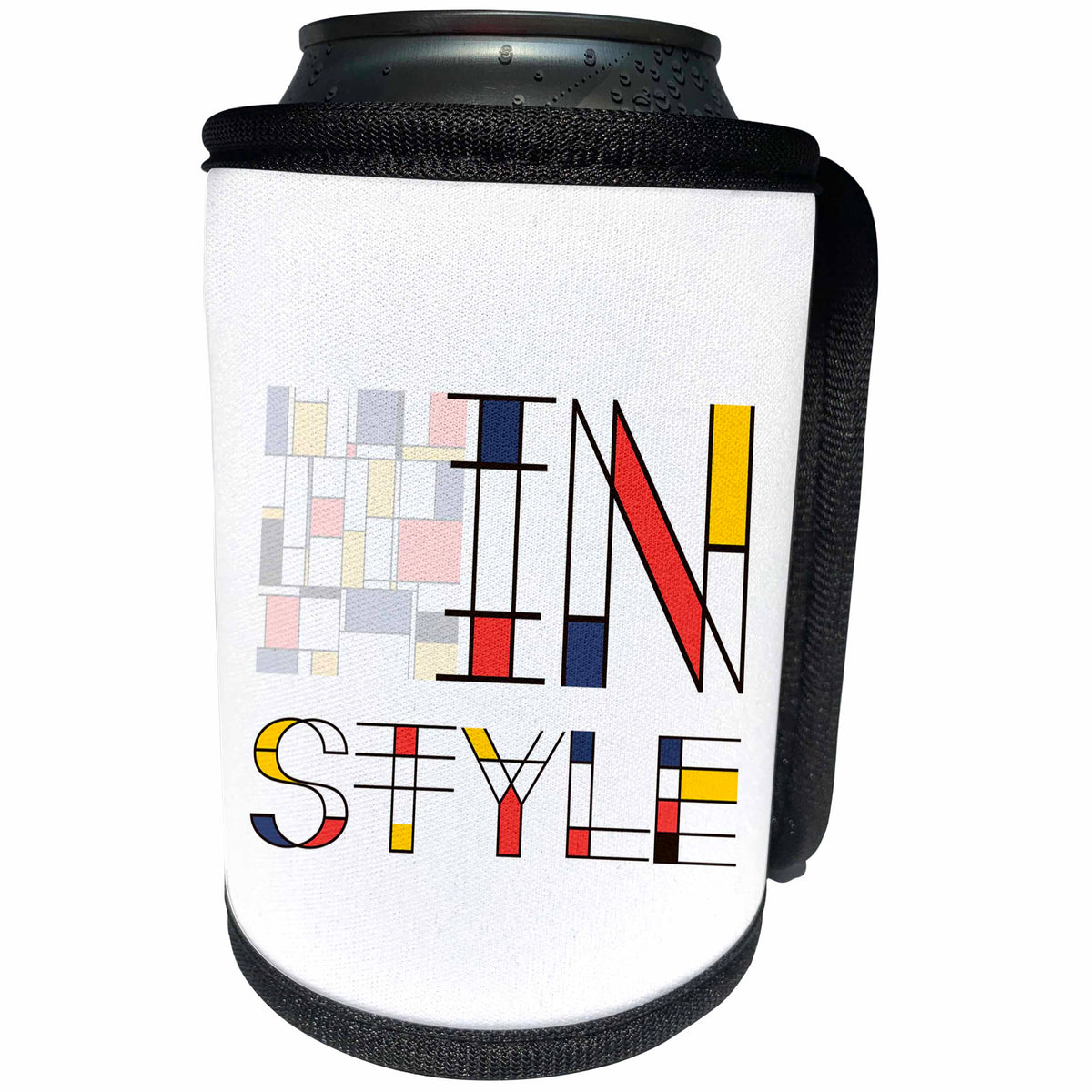 3dRose Alexis Design - Neoplasticism Art - Neoplasticism artistic style text In Style, and a painting on white - Can Cooler Bottle Wrap (cc_283873)