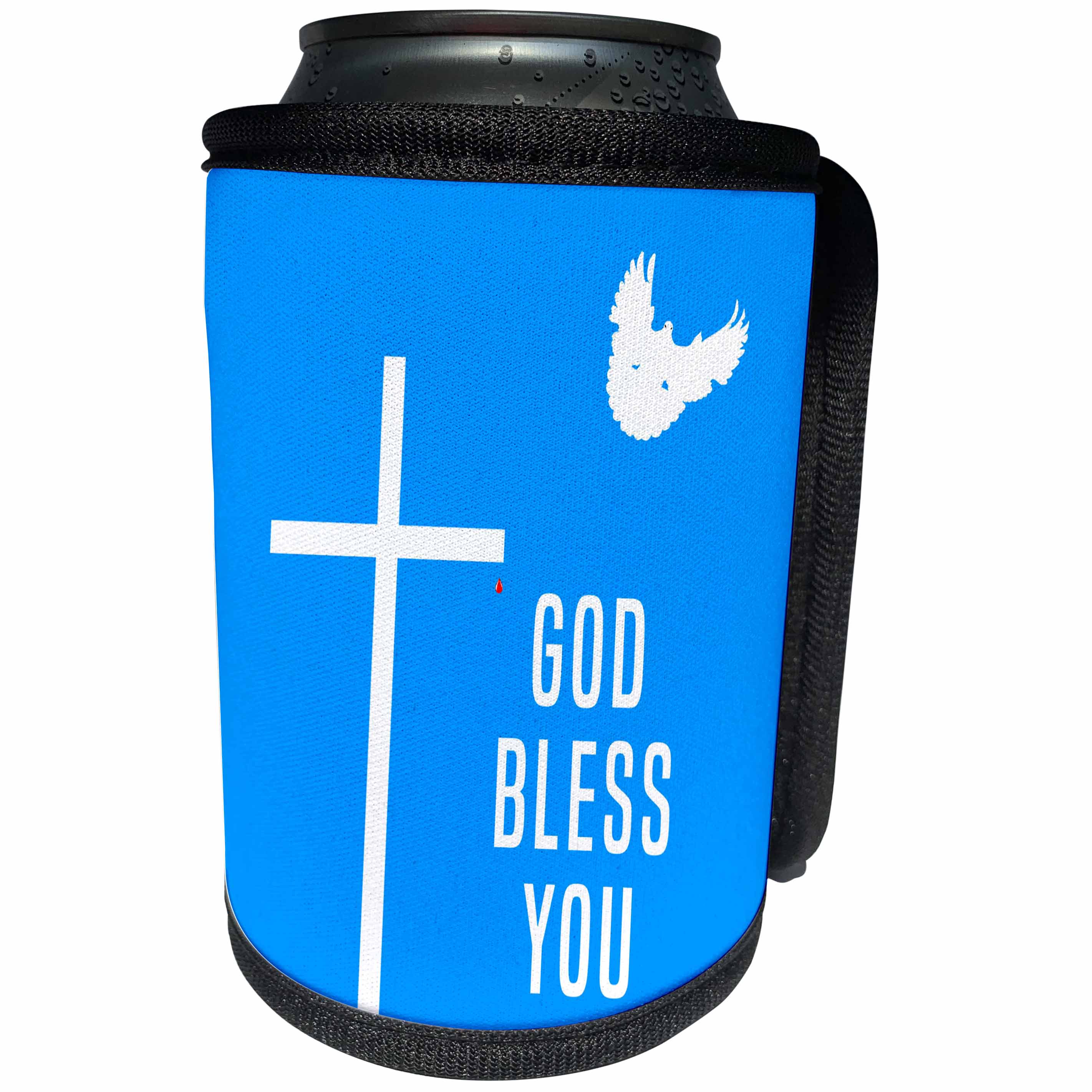 3dRose Alexis Design - Holidays Easter - Easter. Cross, dove, drop of Christ blood. God bless you - Can Cooler Bottle Wrap (cc_283879)