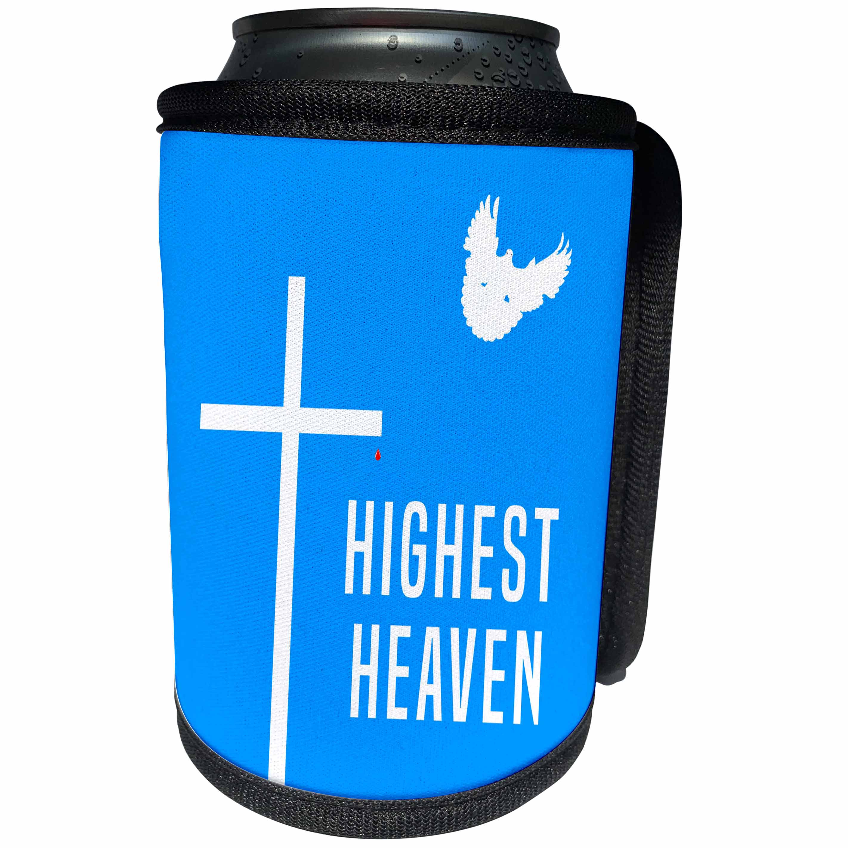 3dRose Alexis Design - Holidays Easter - Easter. Blue sky, cross, dove, drop of Christ blood, Highest Heaven - Can Cooler Bottle Wrap (cc_283884)