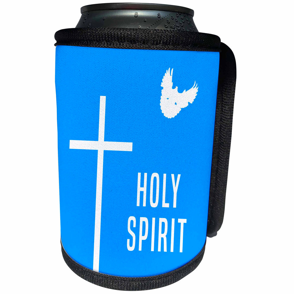 3dRose Alexis Design - Holidays Easter - Easter. Blue sky, cross, dove, text Holy Spirit - Can Cooler Bottle Wrap (cc_283886)