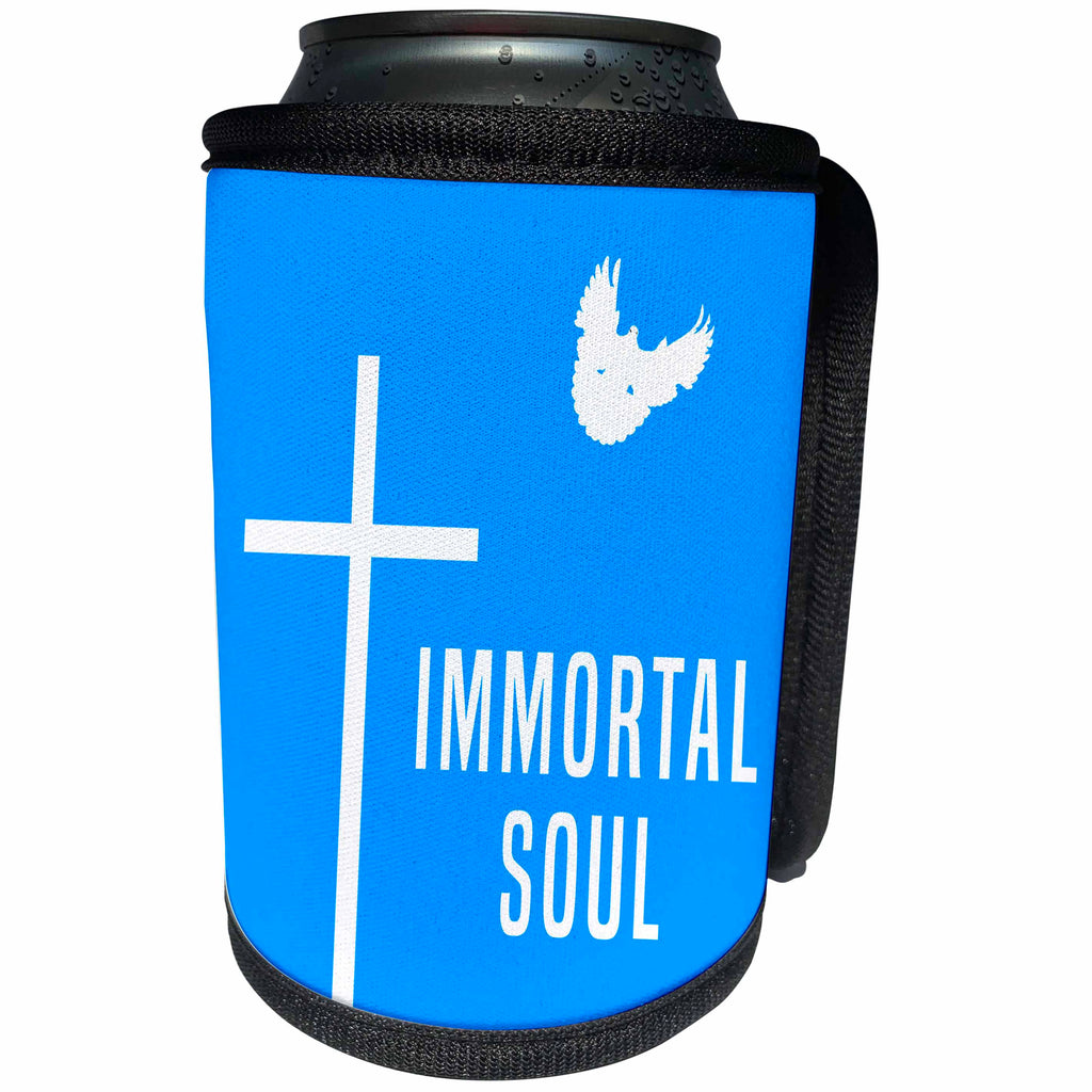 3dRose Alexis Design - Holidays Easter - Easter. Blue sky, cross, dove, text Immortal Soul - Can Cooler Bottle Wrap (cc_283888)
