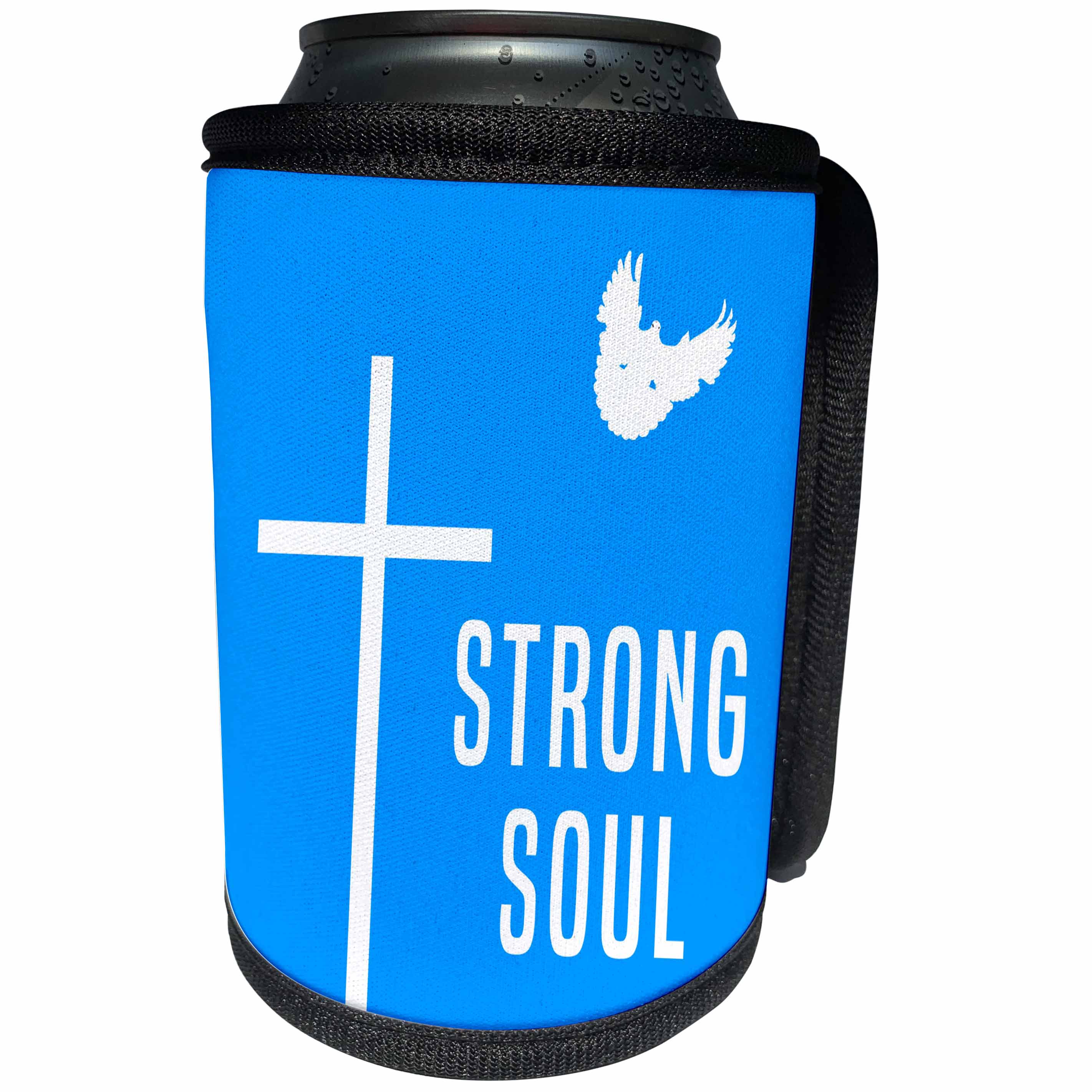 3dRose Alexis Design - Holidays Easter - Easter. Blue sky, cross, dove, text Strong Soul - Can Cooler Bottle Wrap (cc_283892)